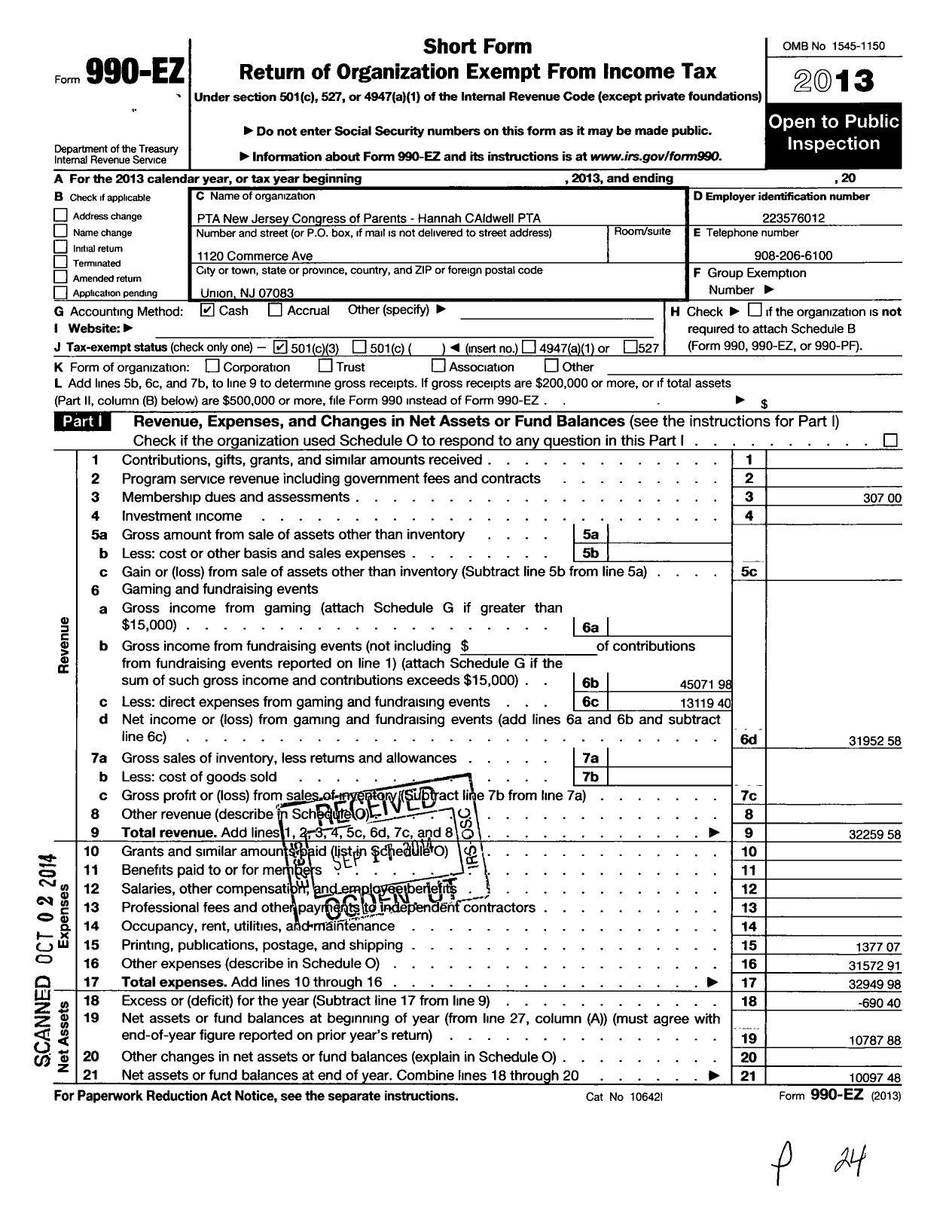 Image of first page of 2013 Form 990EZ for New Jersey PTA - 34563 Hannah Caldwell PTA