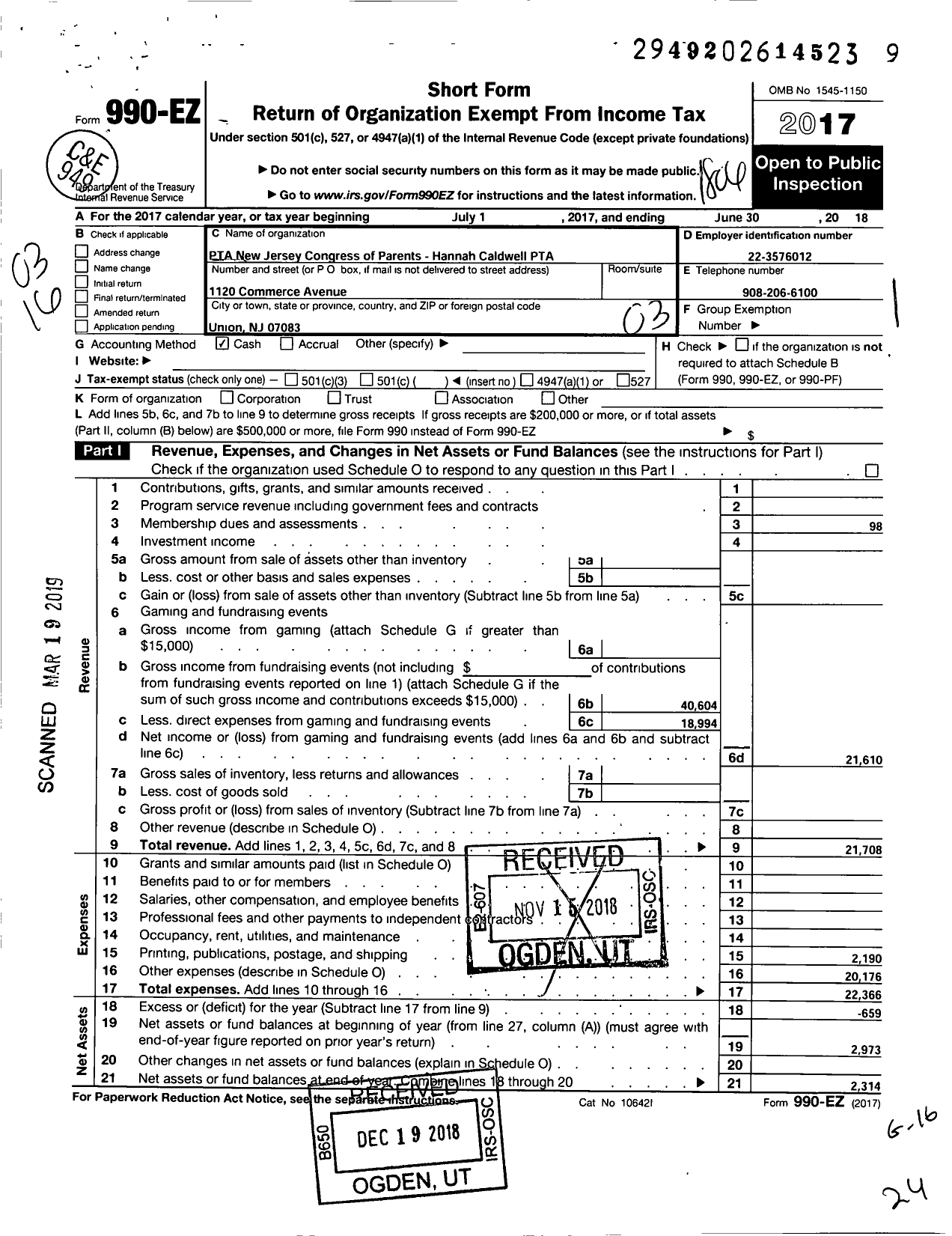 Image of first page of 2017 Form 990EZ for New Jersey PTA - 34563 Hannah Caldwell PTA