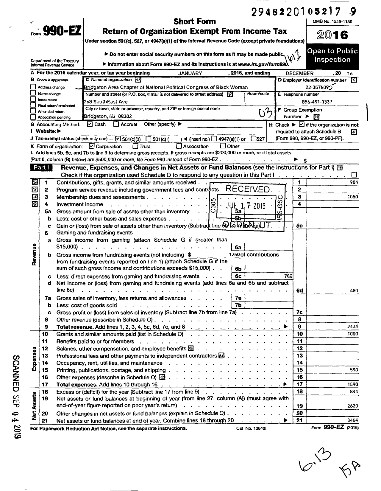 Image of first page of 2016 Form 990EZ for Bridgeton Area Chapter of National Polital Congress of Black Woman