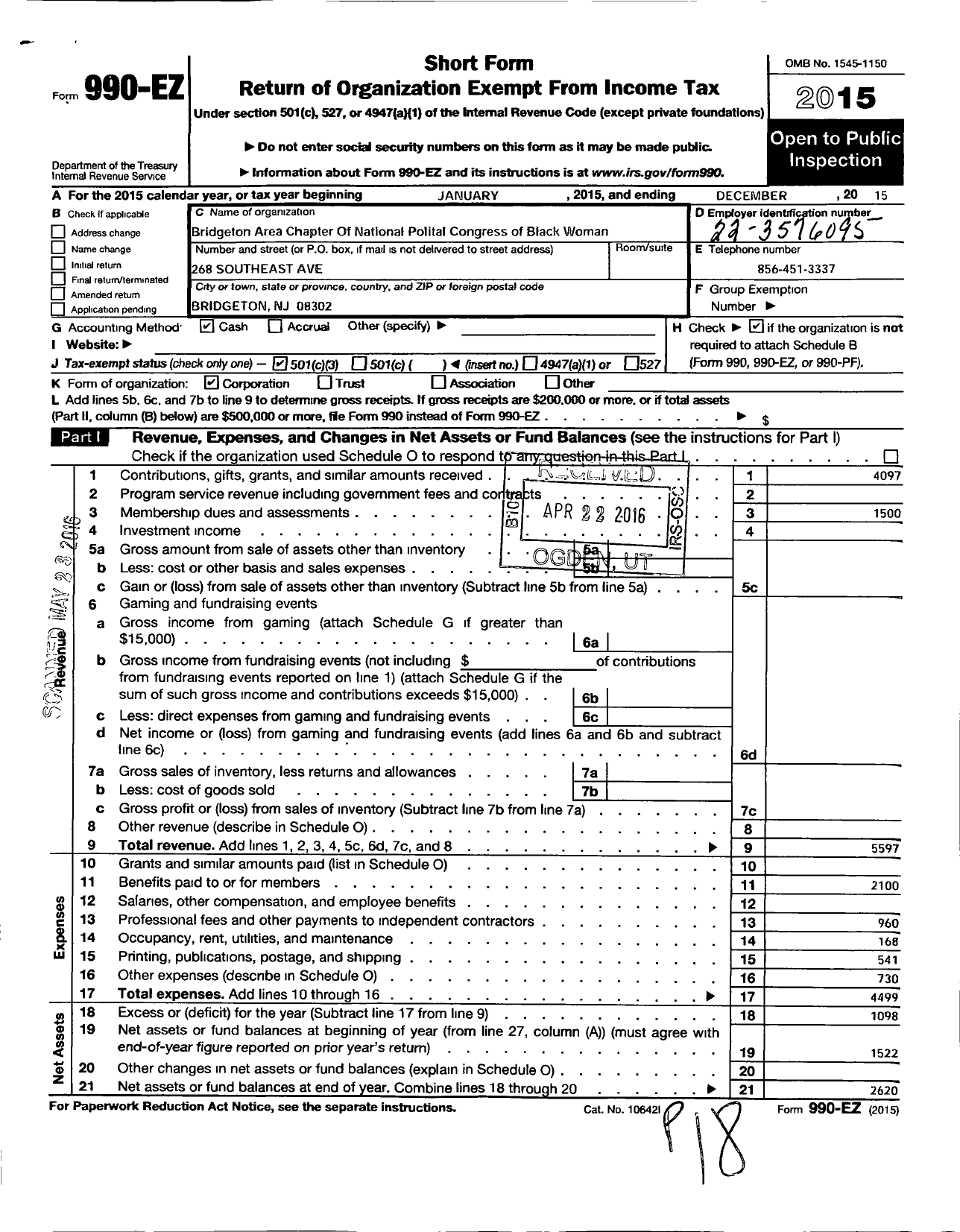 Image of first page of 2015 Form 990EZ for Bridgeton Area Chapter of National Polital Congress of Black Woman