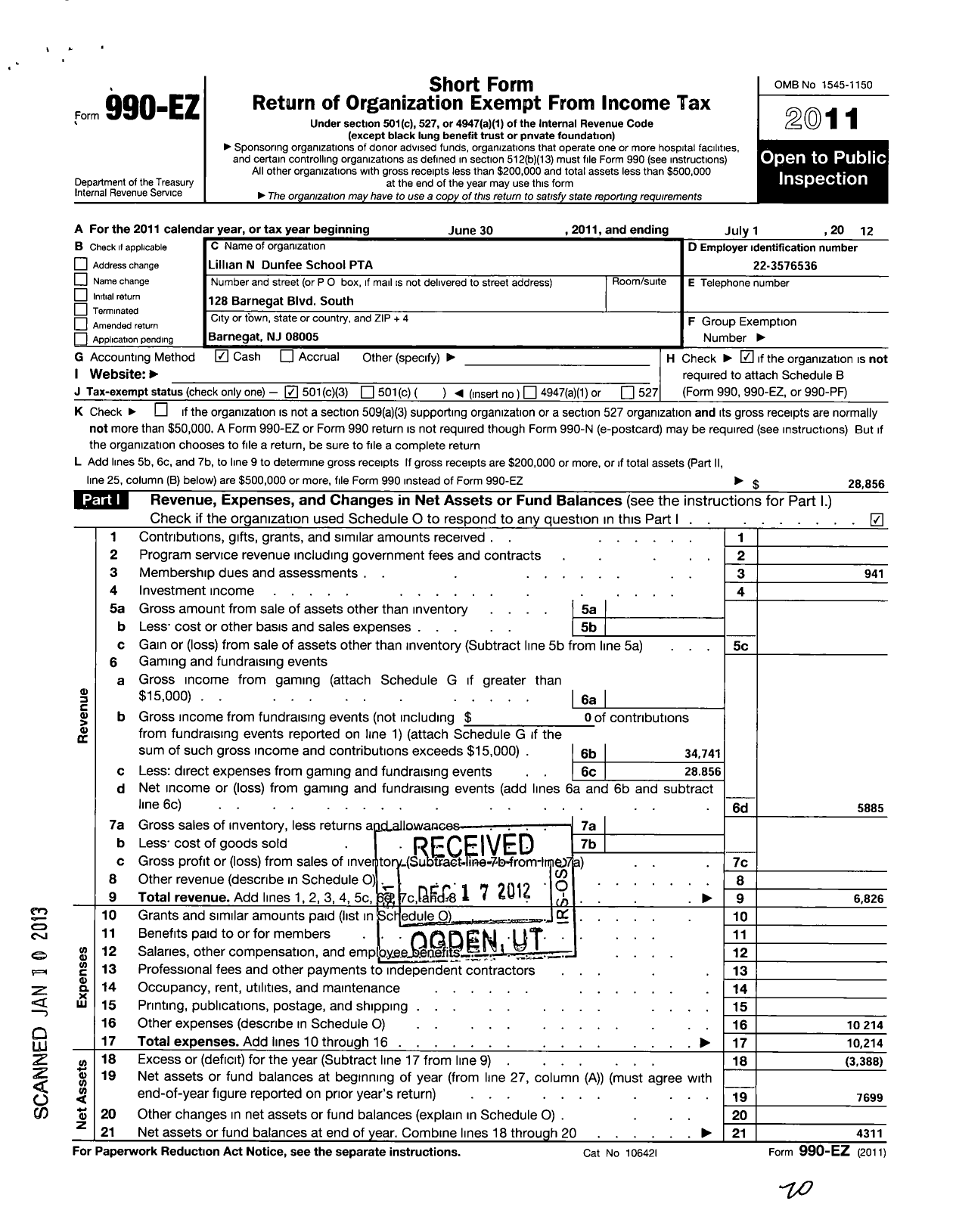 Image of first page of 2011 Form 990EZ for New Jersey PTA - 9394 LM Dunfee PTA