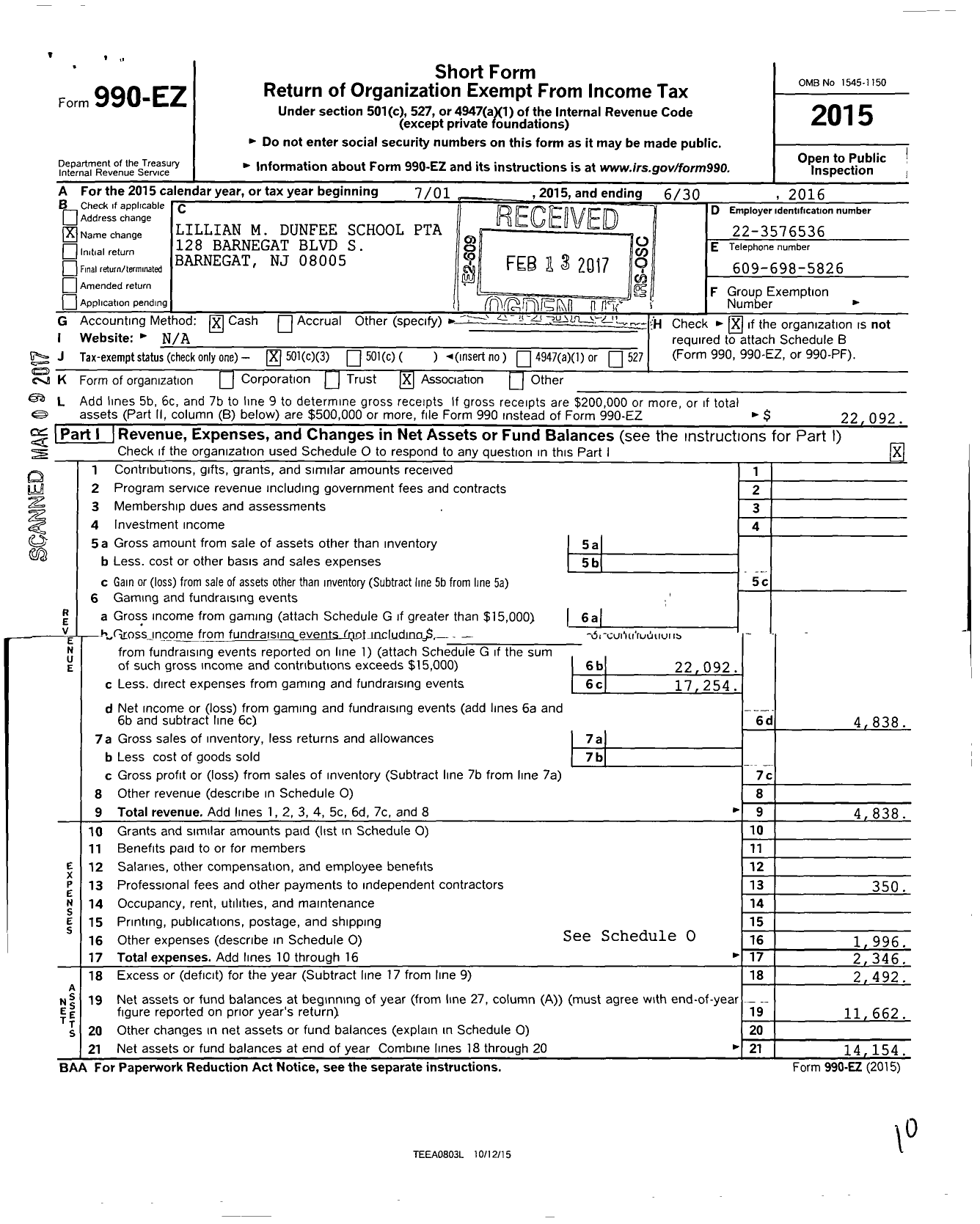 Image of first page of 2015 Form 990EZ for New Jersey PTA - 9394 LM Dunfee PTA