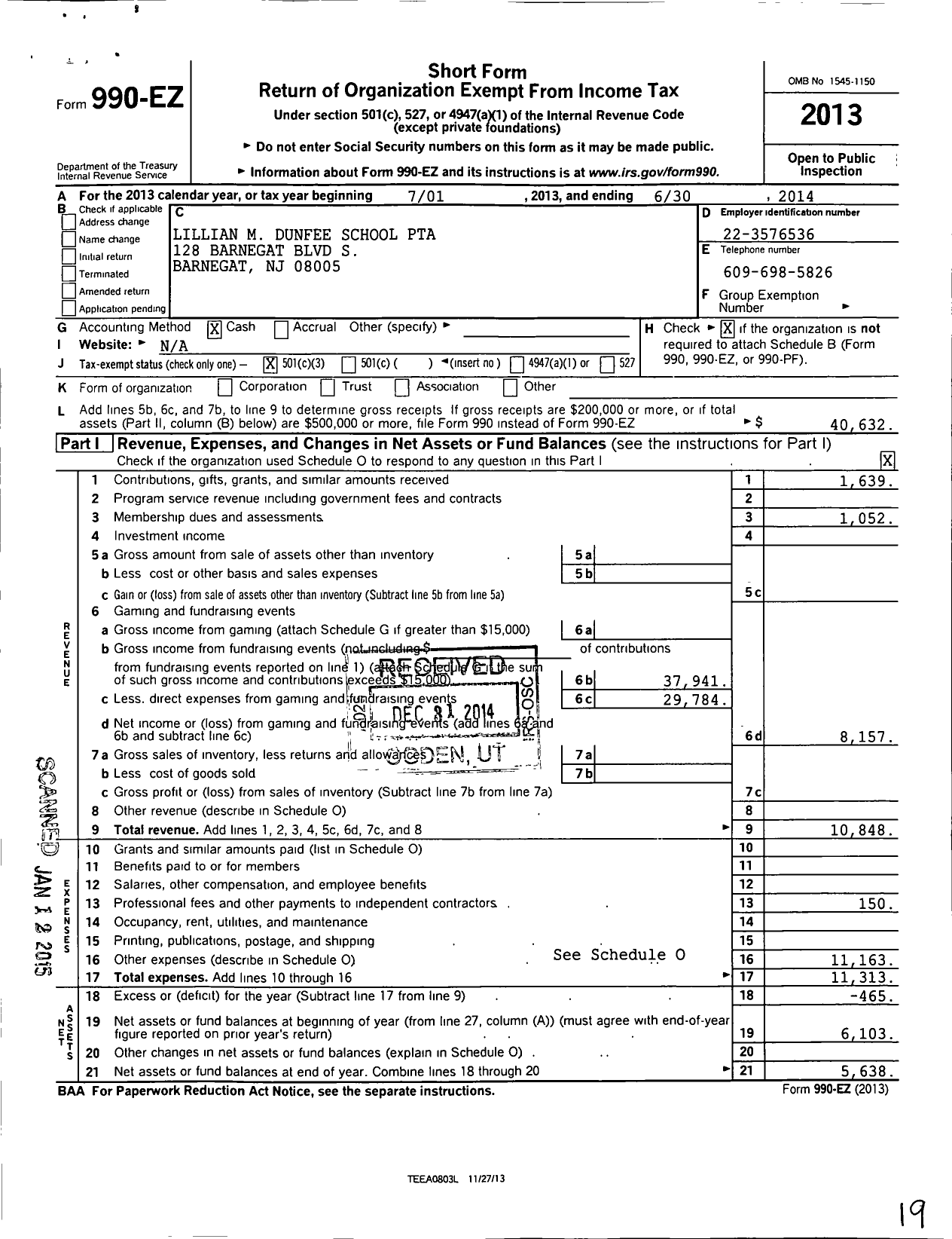 Image of first page of 2013 Form 990EZ for New Jersey PTA - 9394 LM Dunfee PTA