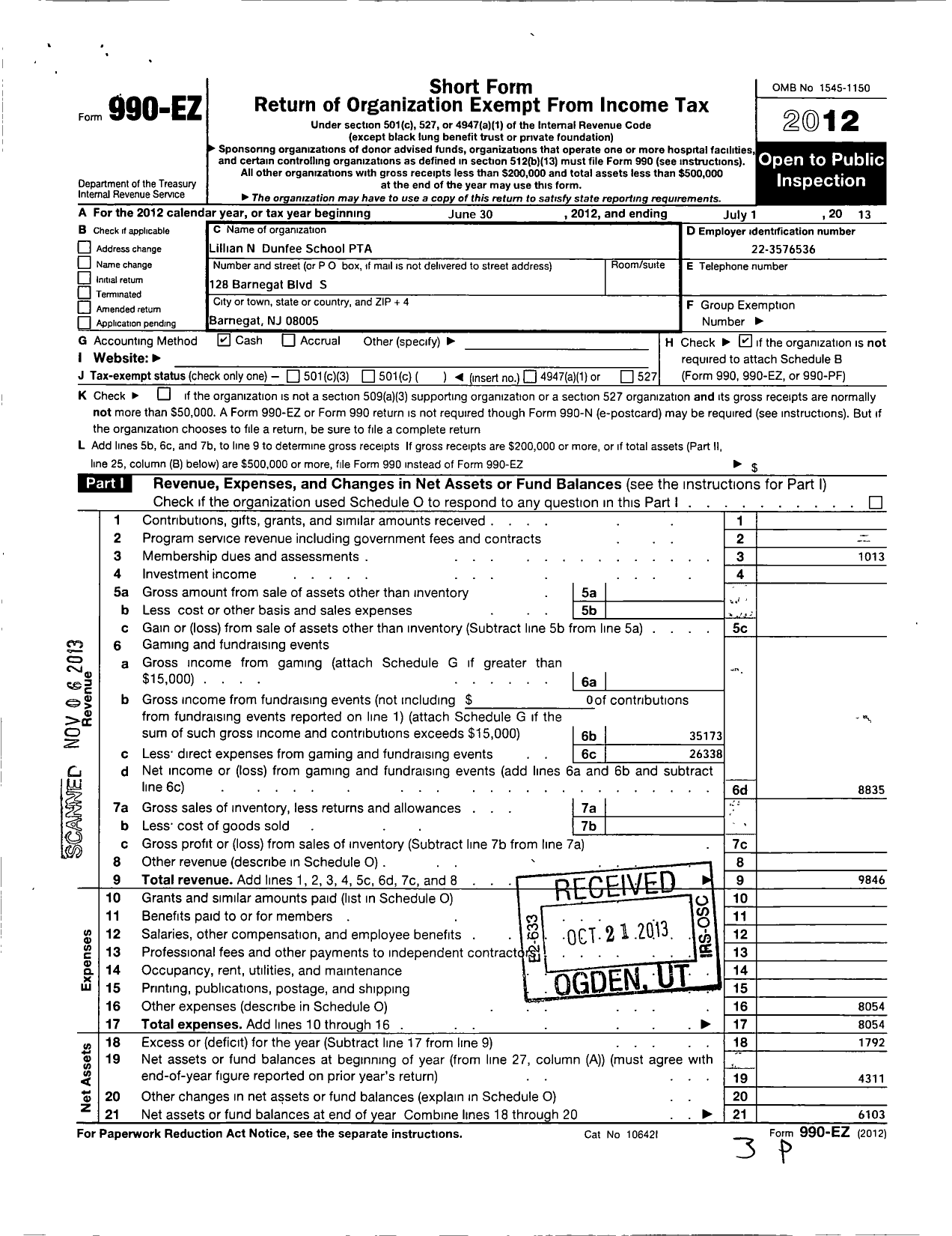 Image of first page of 2012 Form 990EO for New Jersey PTA - 9394 LM Dunfee PTA