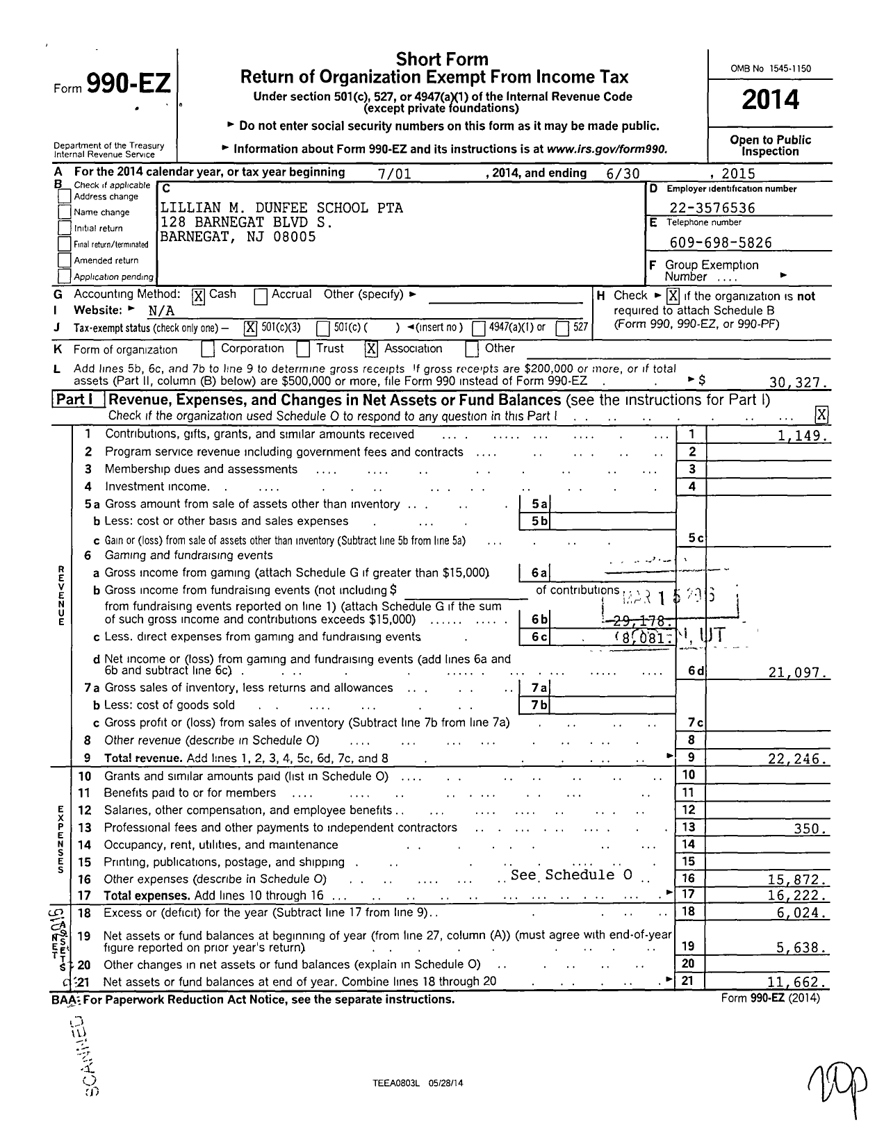 Image of first page of 2014 Form 990EZ for New Jersey PTA - 9394 LM Dunfee PTA