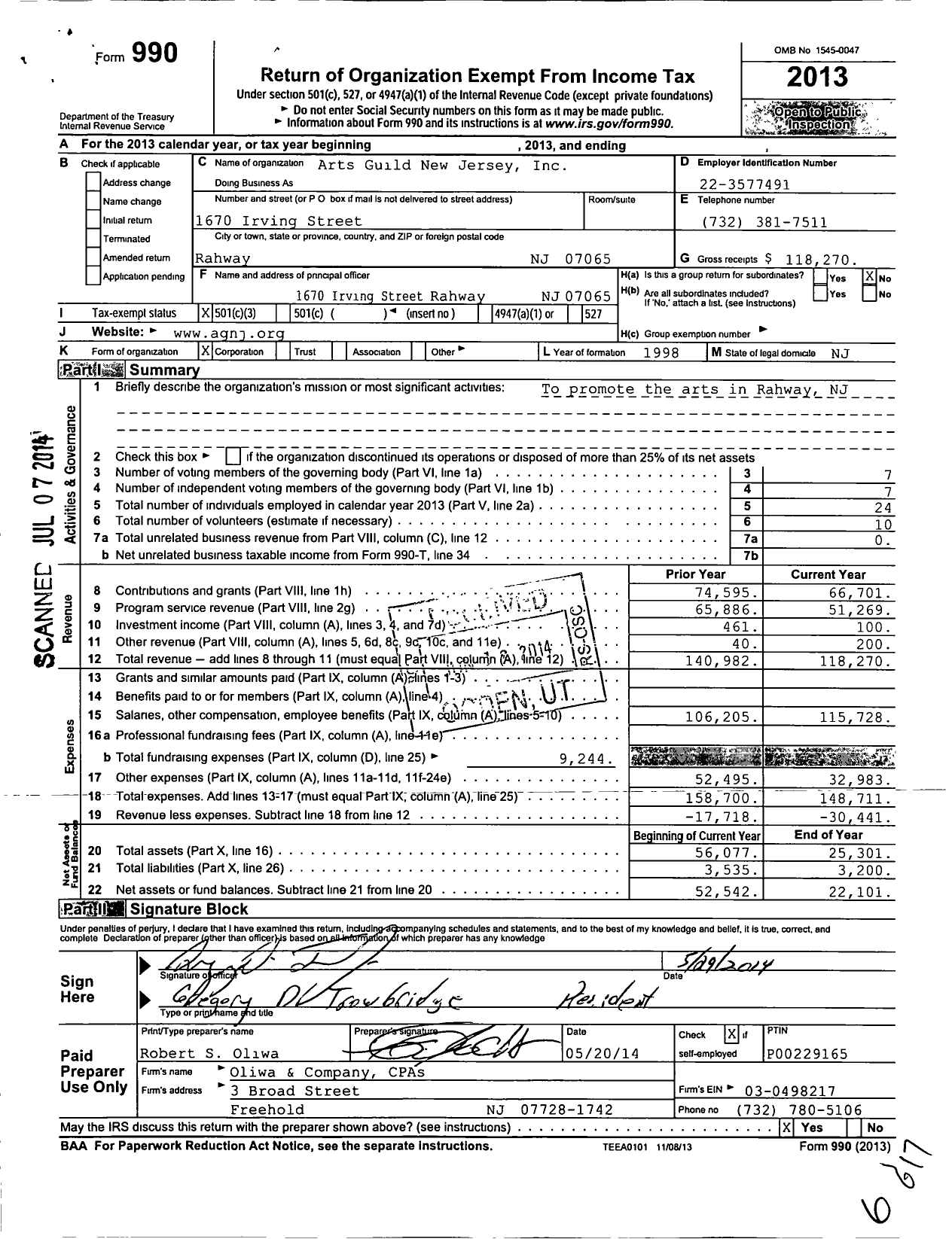 Image of first page of 2013 Form 990 for Arts Guild New Jersey