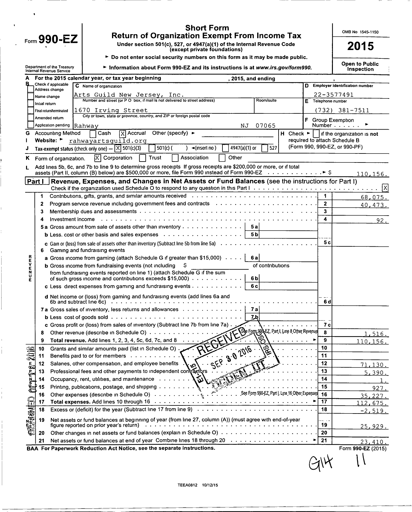 Image of first page of 2015 Form 990EZ for Arts Guild New Jersey