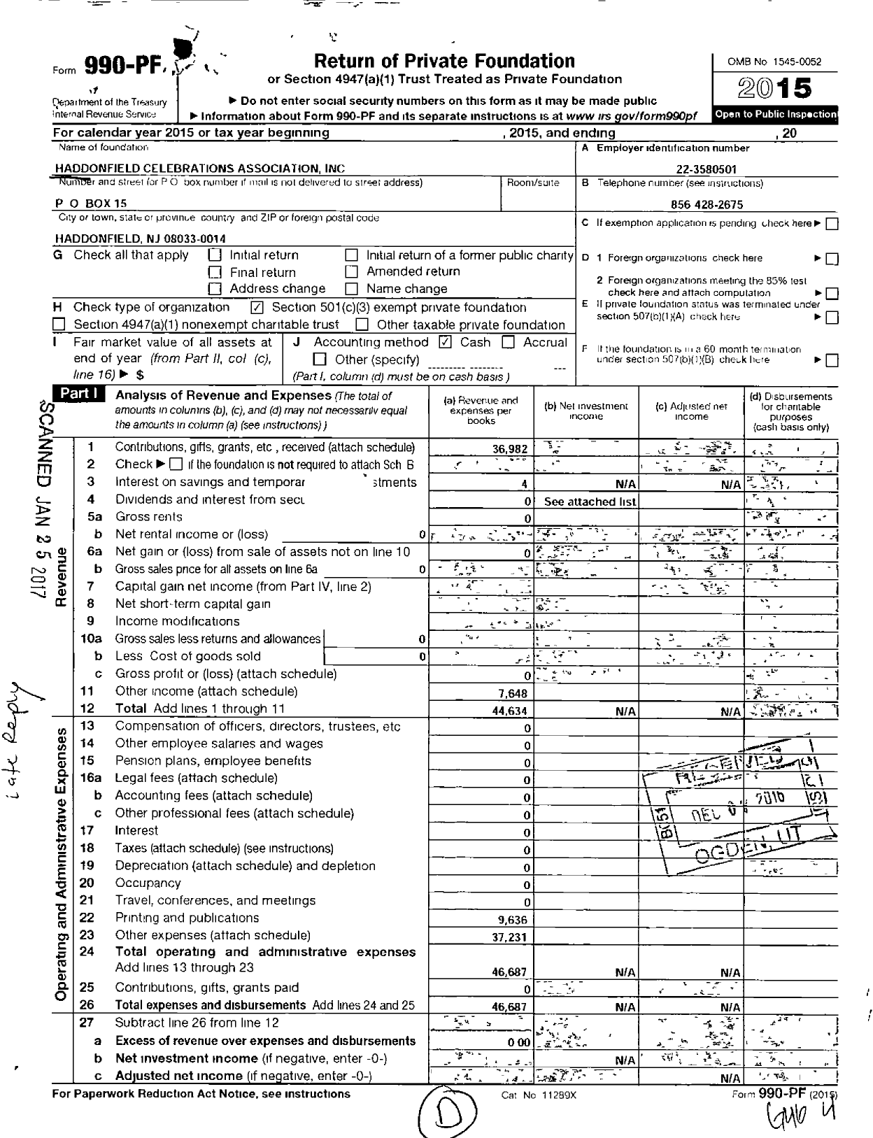 Image of first page of 2015 Form 990PF for Haddonfield Celebrations Associaton