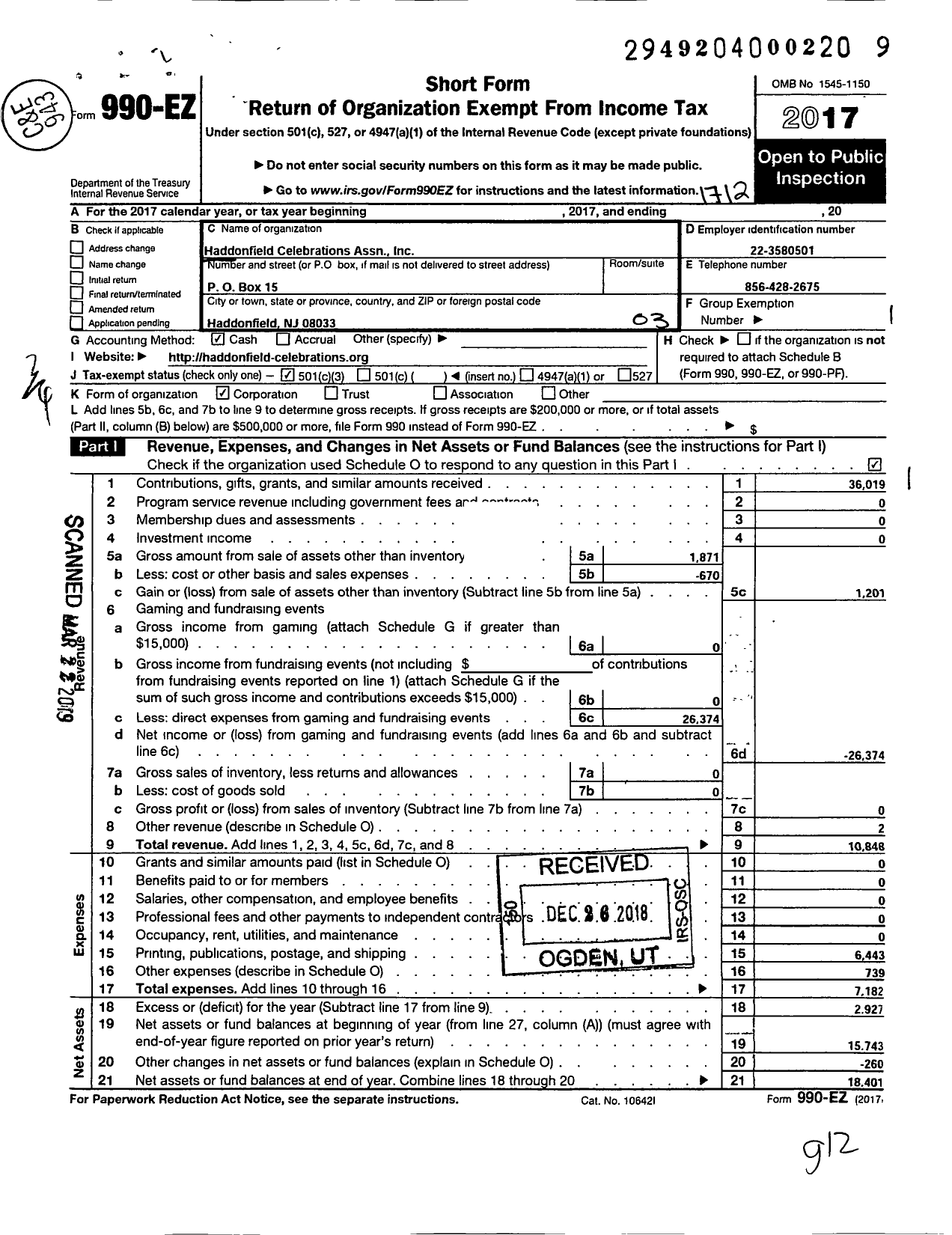 Image of first page of 2017 Form 990EZ for Haddonfield Celebrations Associaton