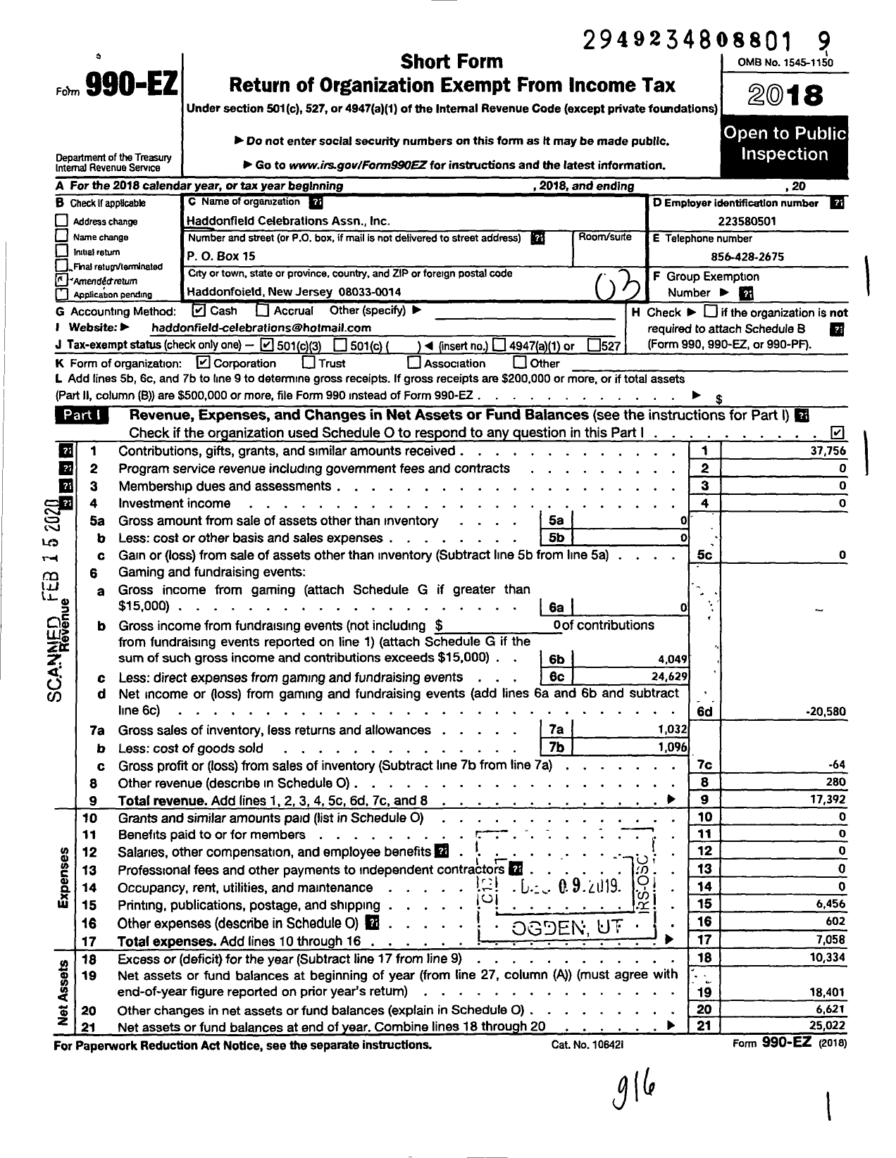 Image of first page of 2018 Form 990EZ for Haddonfield Celebrations Associaton