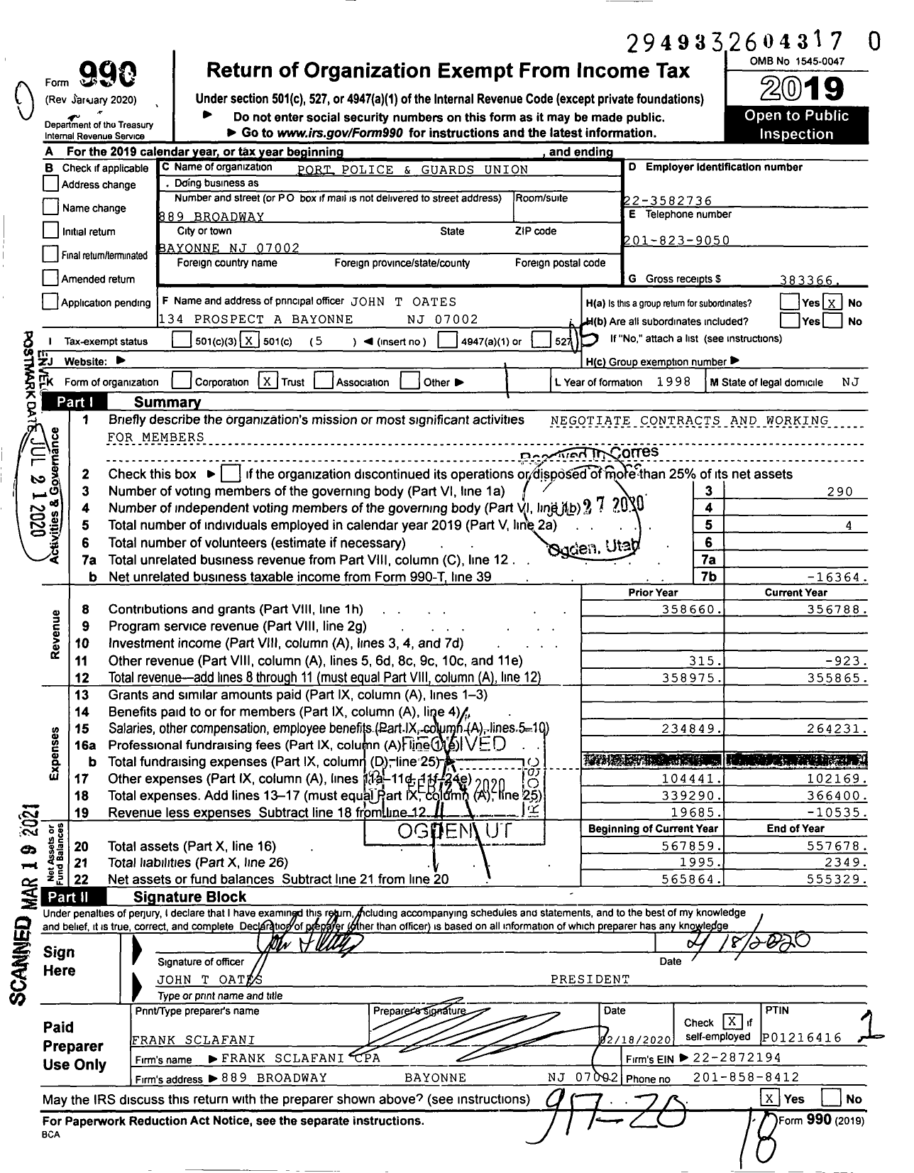 Image of first page of 2019 Form 990O for International Security Officers Police and Guards Union - Port Police and Guards Union Lo 1456