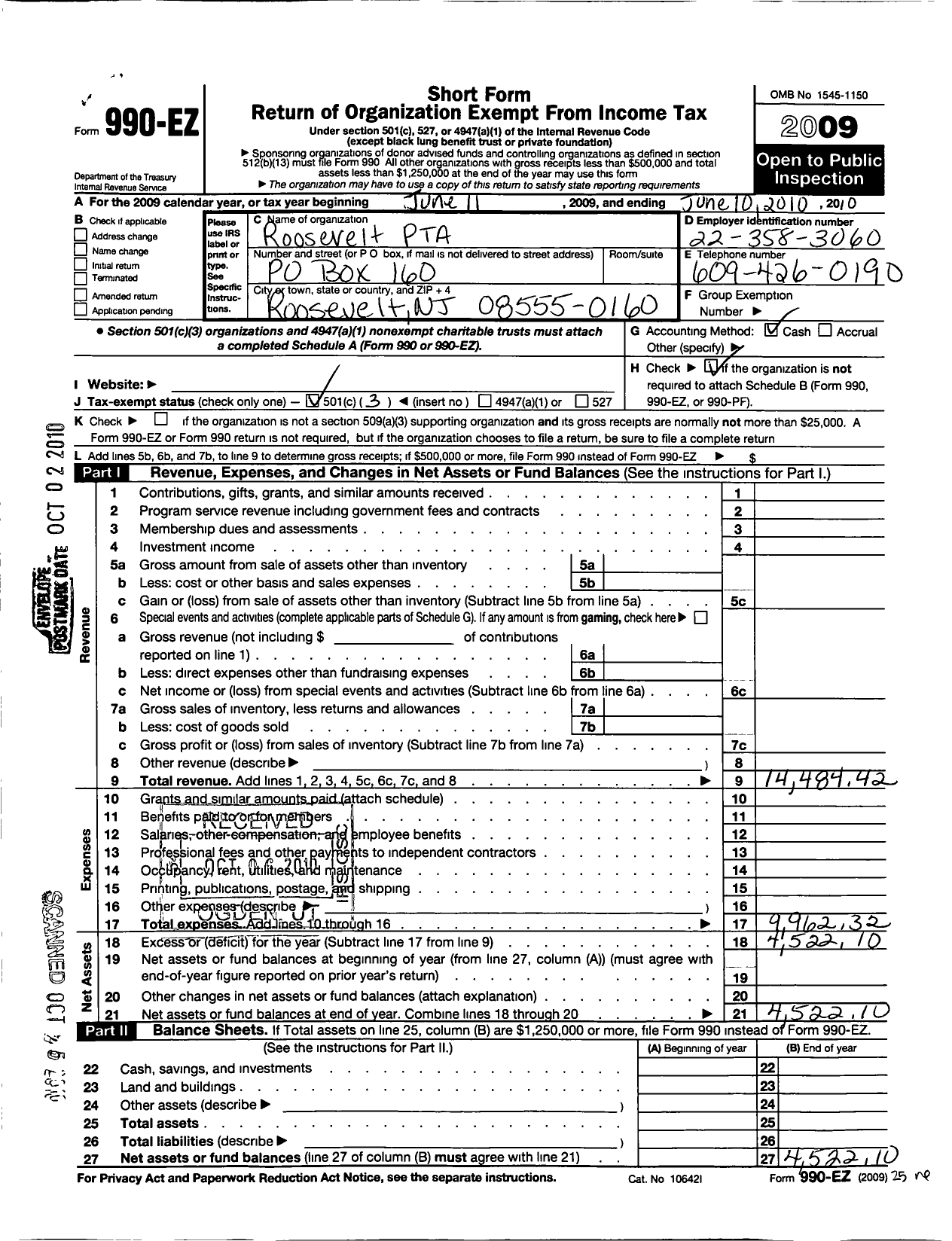 Image of first page of 2009 Form 990EZ for New Jersey PTA - 18451 Roosevelt PTA