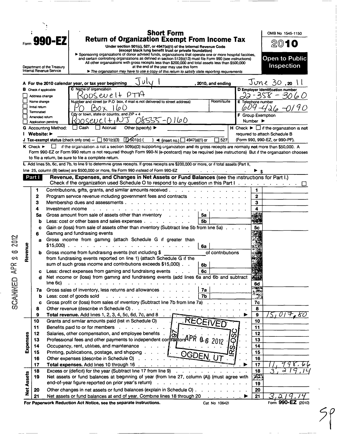 Image of first page of 2010 Form 990EO for New Jersey PTA - 18451 Roosevelt PTA