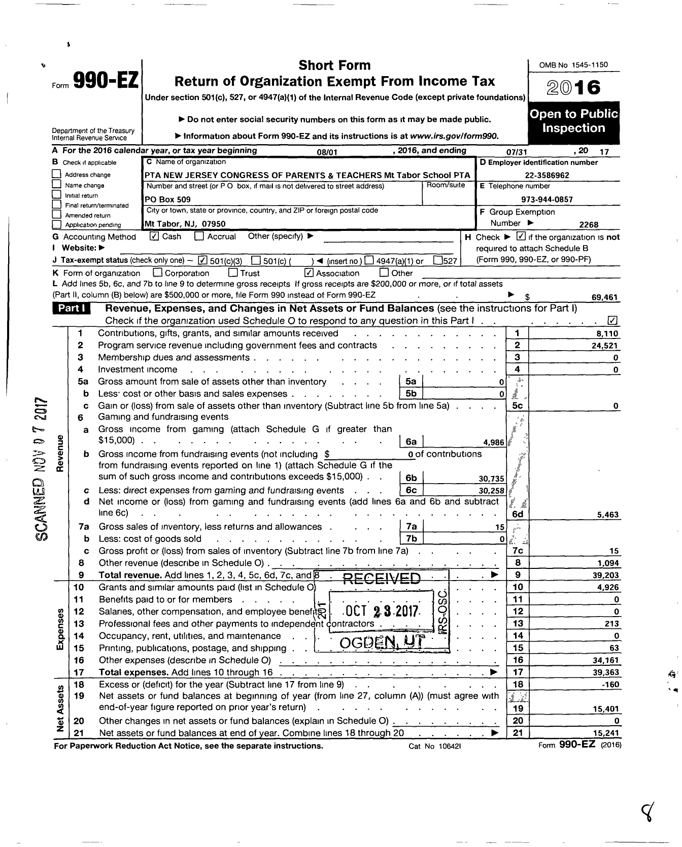 Image of first page of 2016 Form 990EZ for New Jersey PTA - 34569 Mount Tabor