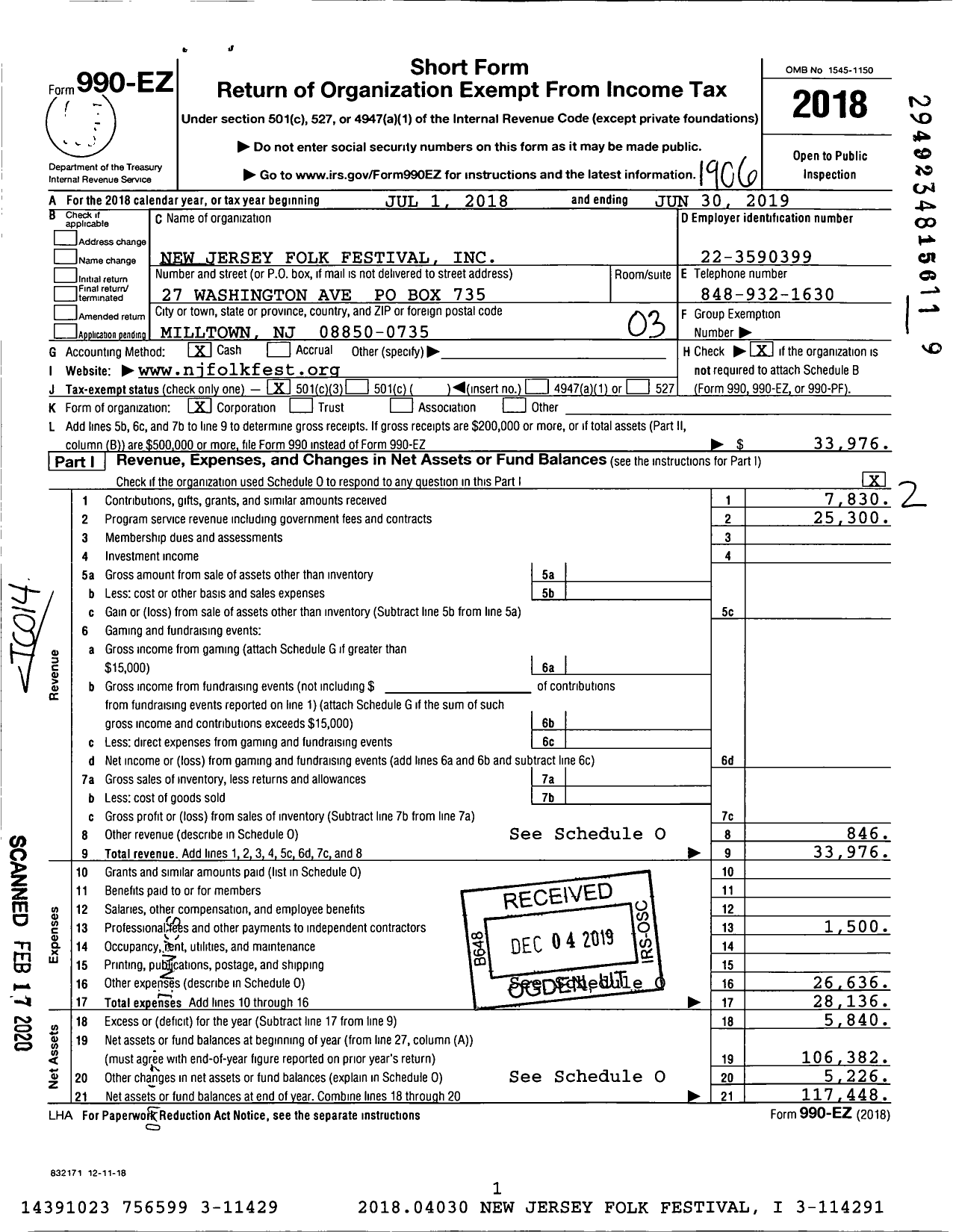 Image of first page of 2018 Form 990EZ for New Jersey Folk Festival