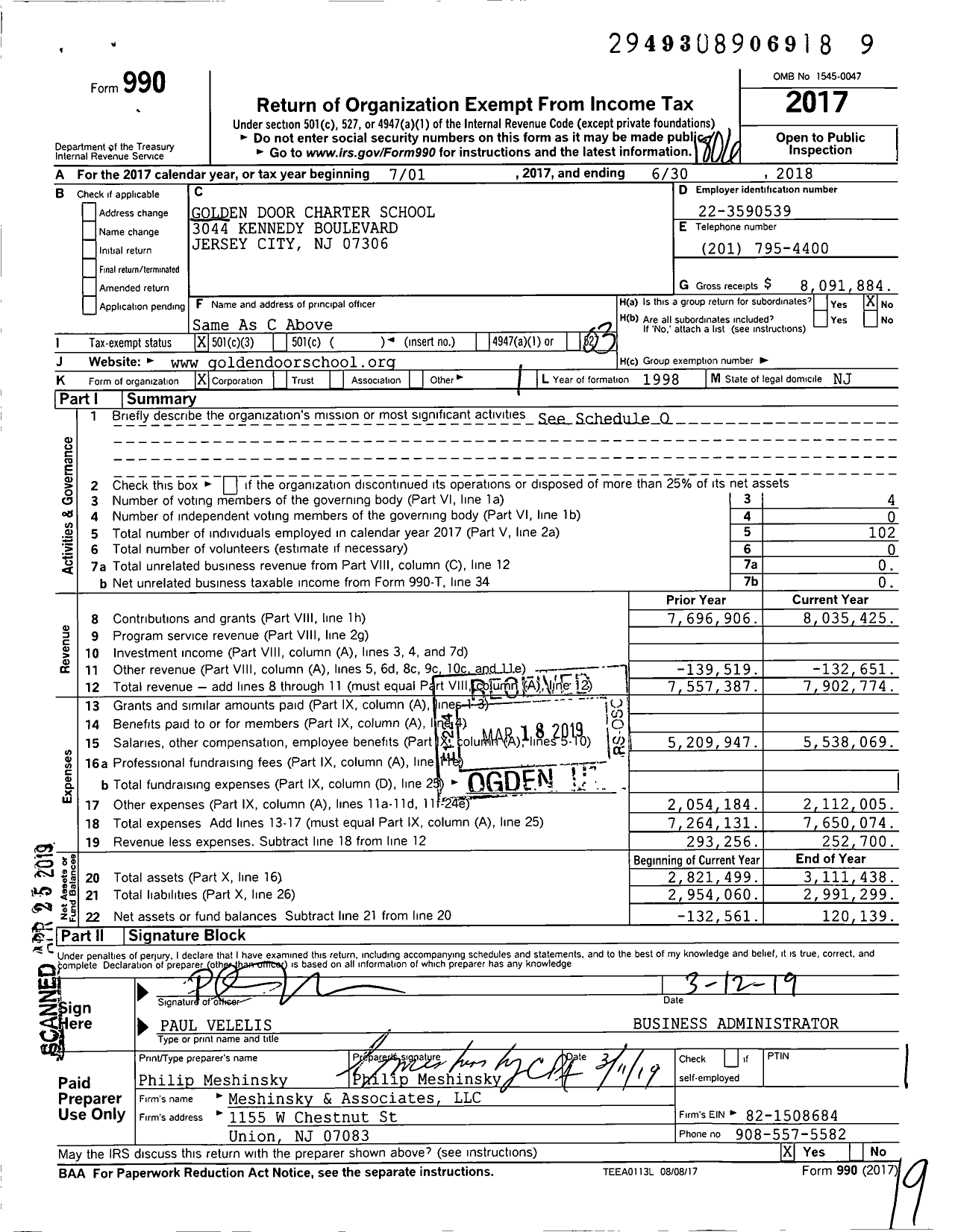 Image of first page of 2017 Form 990 for Golden Door Charter School