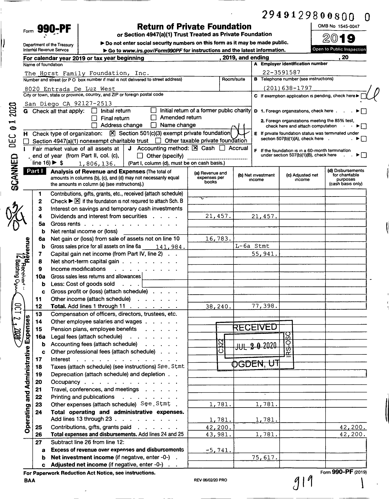 Image of first page of 2019 Form 990PF for The Horst Family Foundation