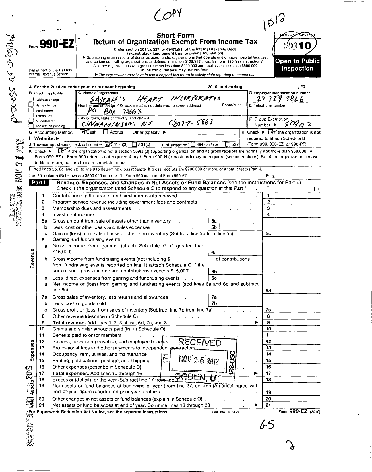 Image of first page of 2010 Form 990EZ for Sarahs Heart Incorporated