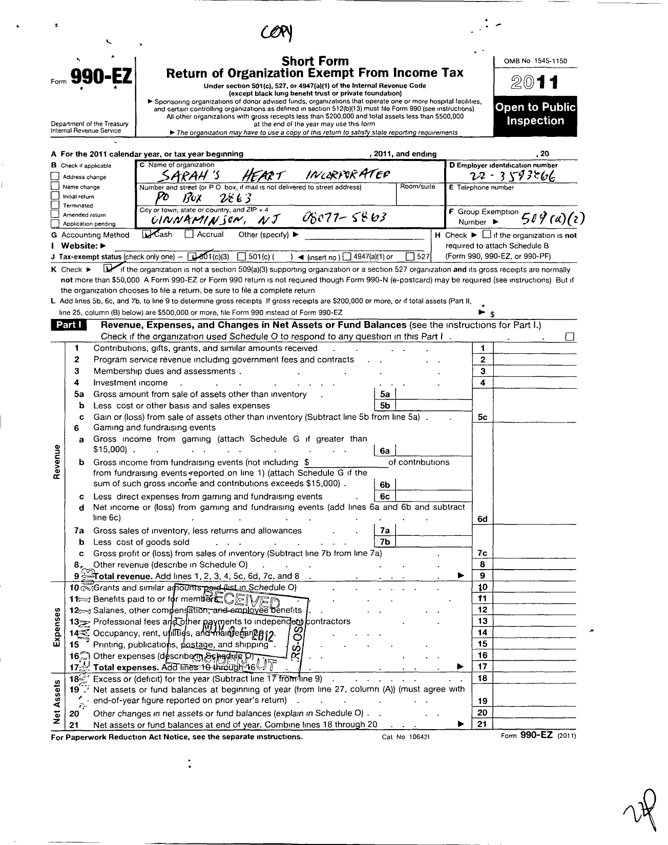 Image of first page of 2011 Form 990EZ for Sarahs Heart Incorporated