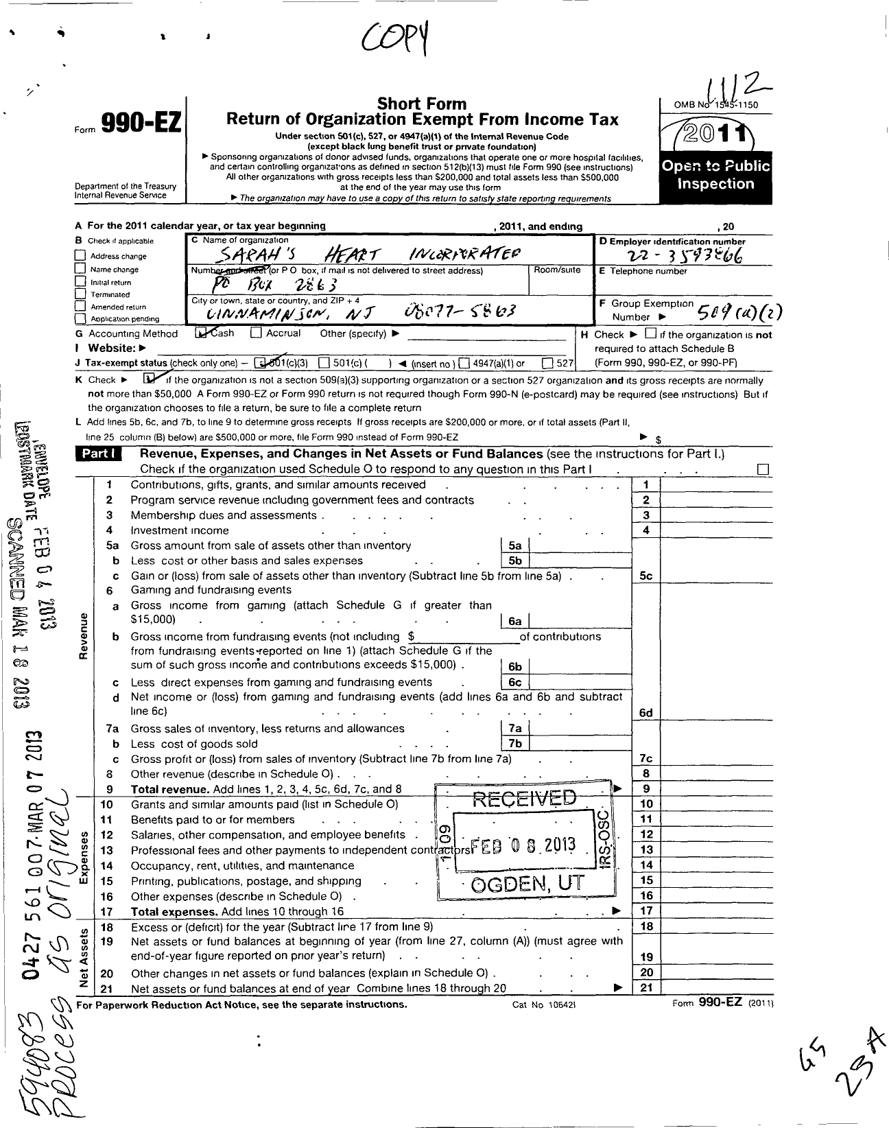 Image of first page of 2011 Form 990EZ for Sarahs Heart Incorporated