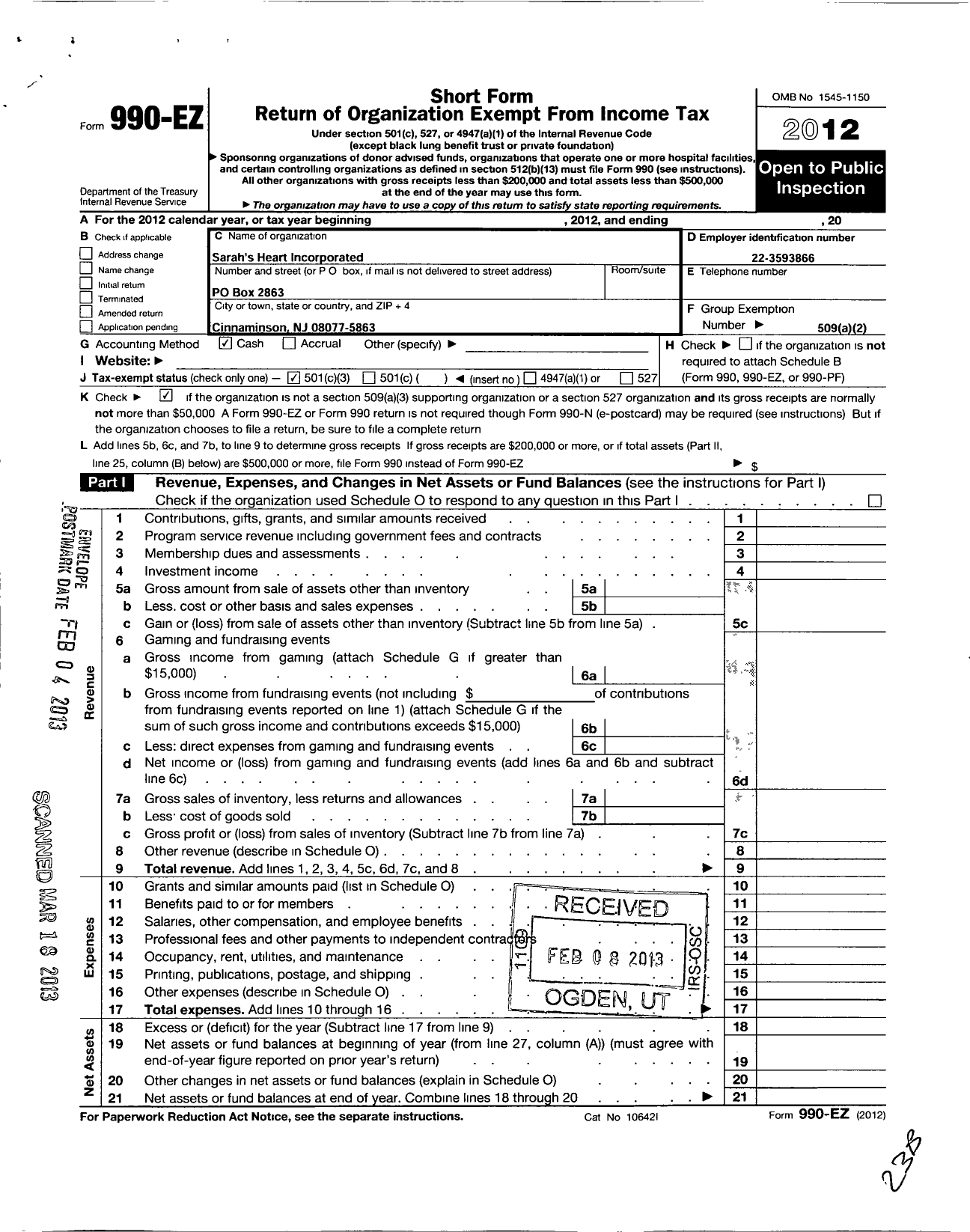 Image of first page of 2012 Form 990EZ for Sarahs Heart Incorporated