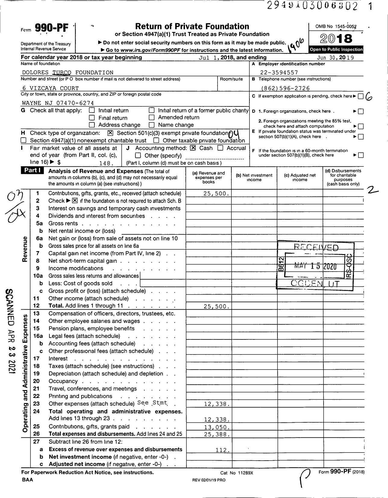 Image of first page of 2018 Form 990PF for Dolores Turco Foundation