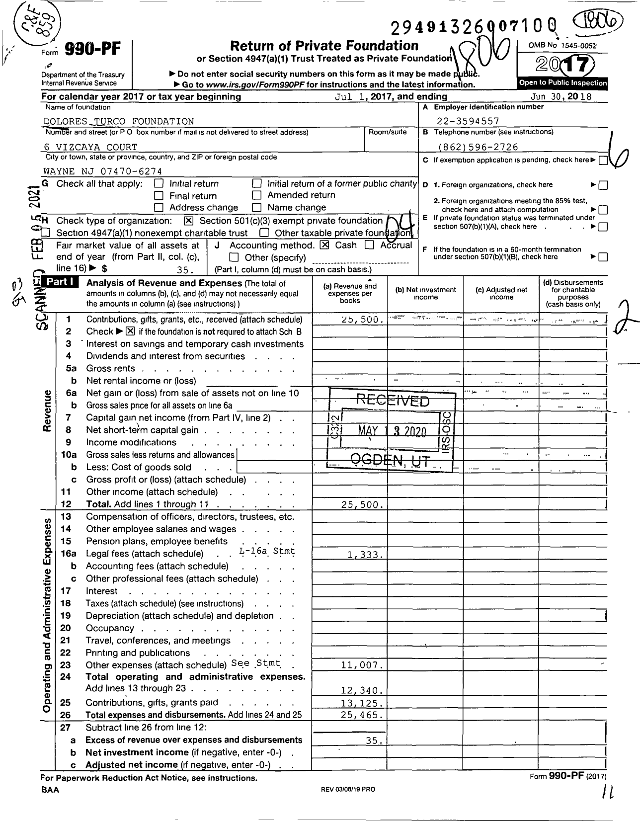 Image of first page of 2017 Form 990PF for Dolores Turco Foundation