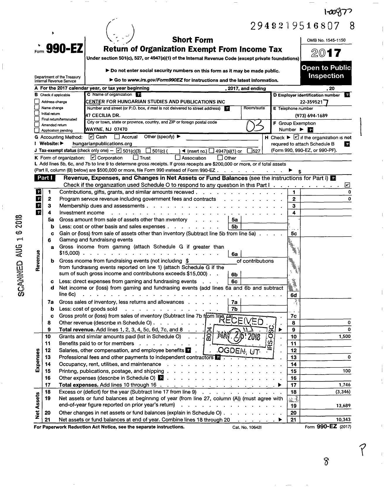 Image of first page of 2017 Form 990EZ for Center for Hungarian Studies and Publications