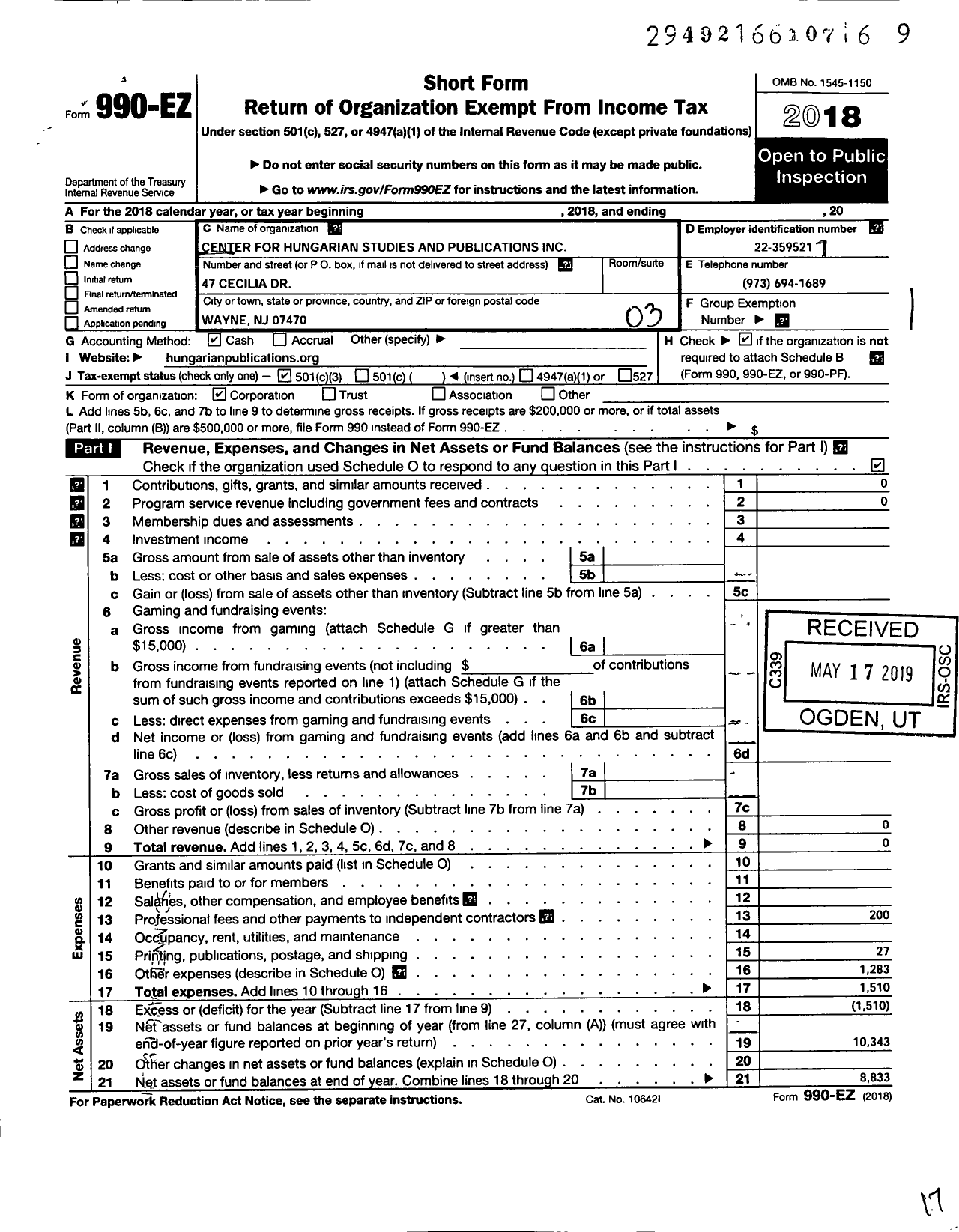 Image of first page of 2018 Form 990EZ for Center for Hungarian Studies and Publications