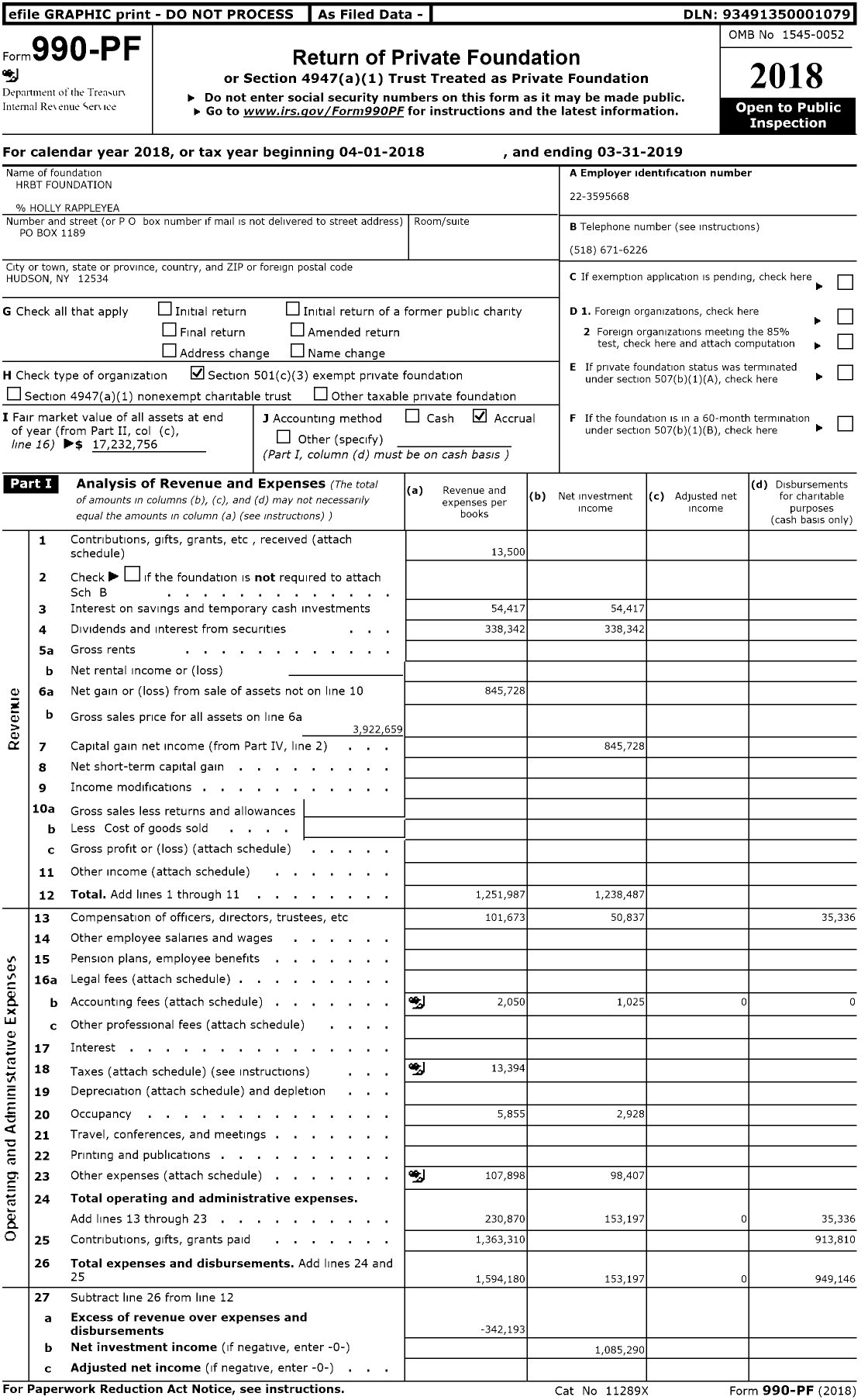 Image of first page of 2018 Form 990PF for HRBT Foundation