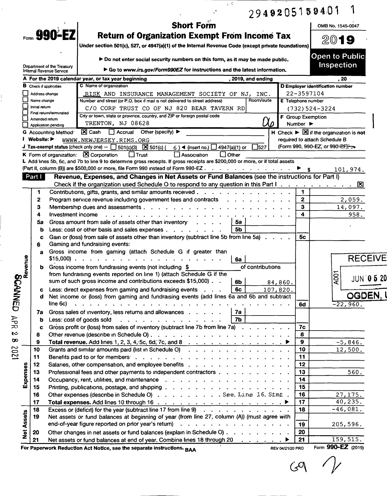 Image of first page of 2019 Form 990EO for Risk and Insurance Management Society of NJ