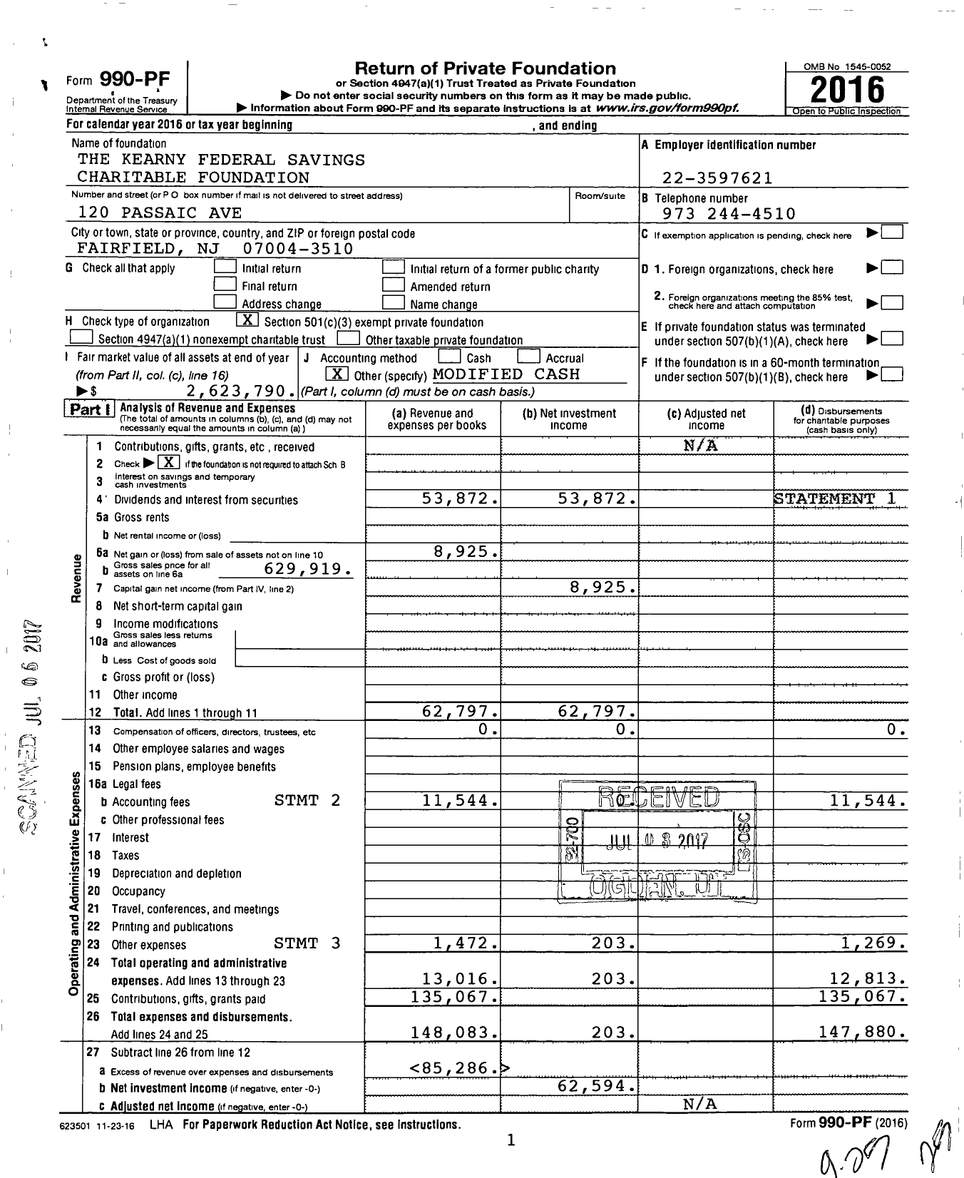 Image of first page of 2016 Form 990PF for Kearny Federal Savings Charitable Foundation