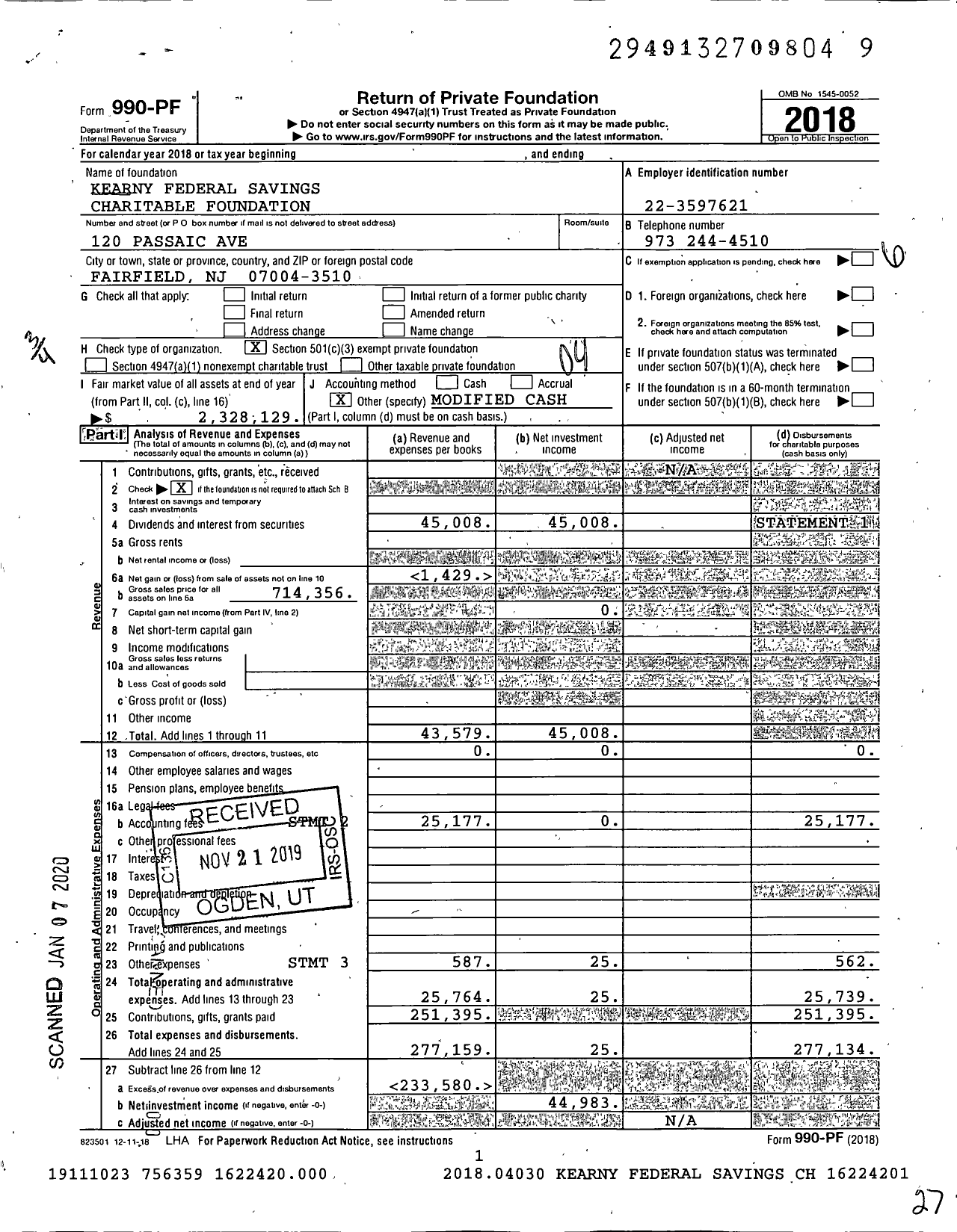 Image of first page of 2018 Form 990PF for Kearny Federal Savings Charitable Foundation