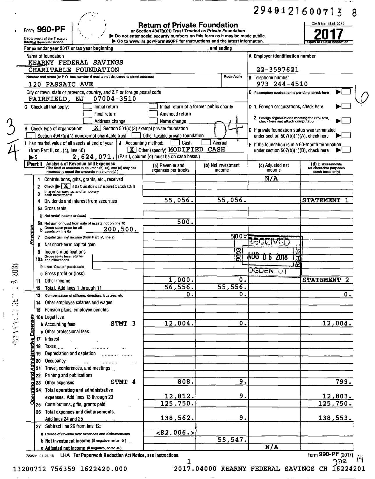 Image of first page of 2017 Form 990PF for Kearny Federal Savings Charitable Foundation