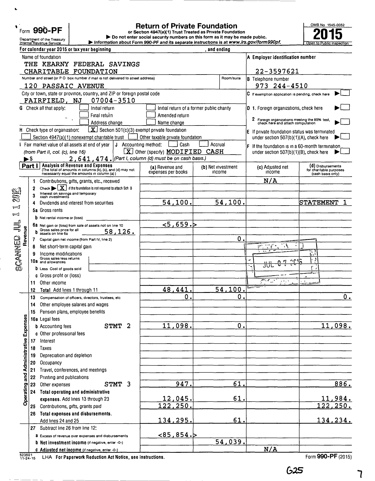 Image of first page of 2015 Form 990PF for Kearny Federal Savings Charitable Foundation