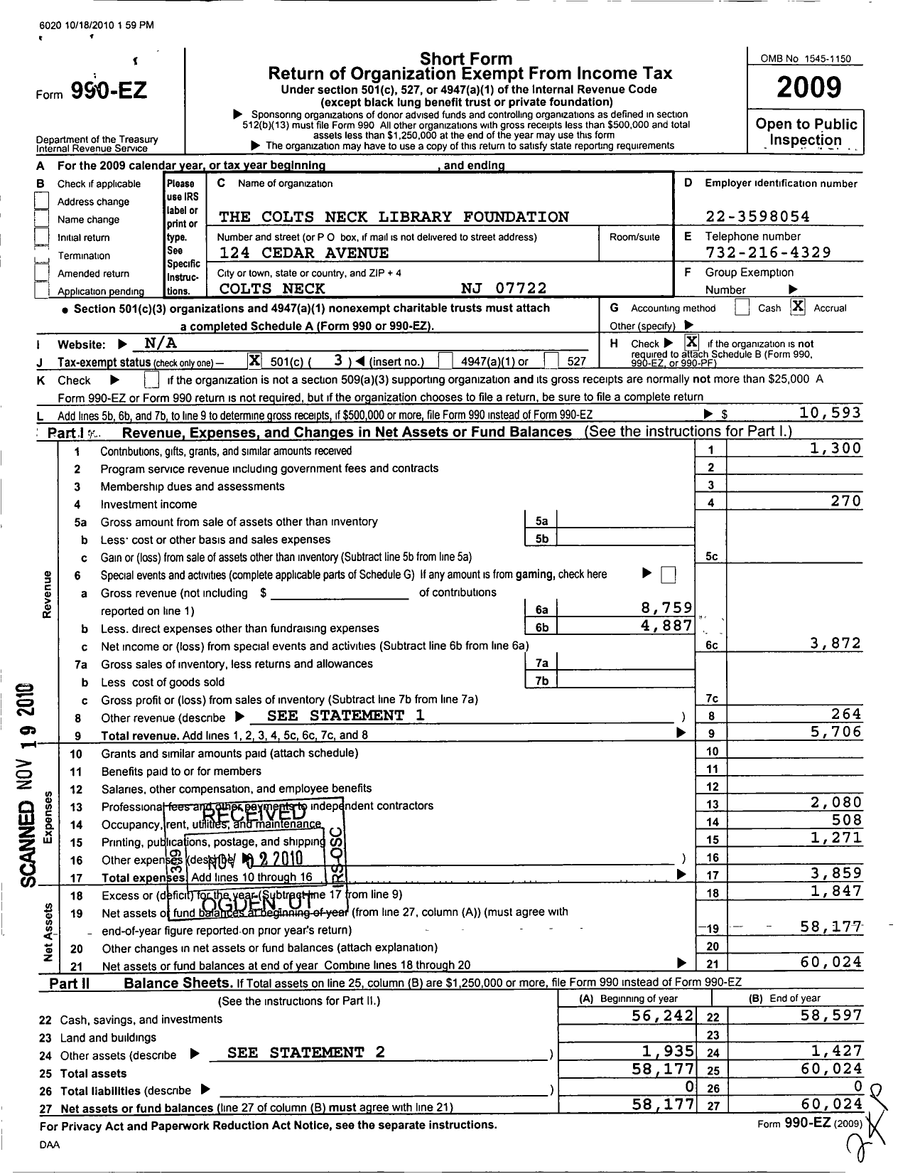 Image of first page of 2009 Form 990EZ for The Colts Neck Library Foundation