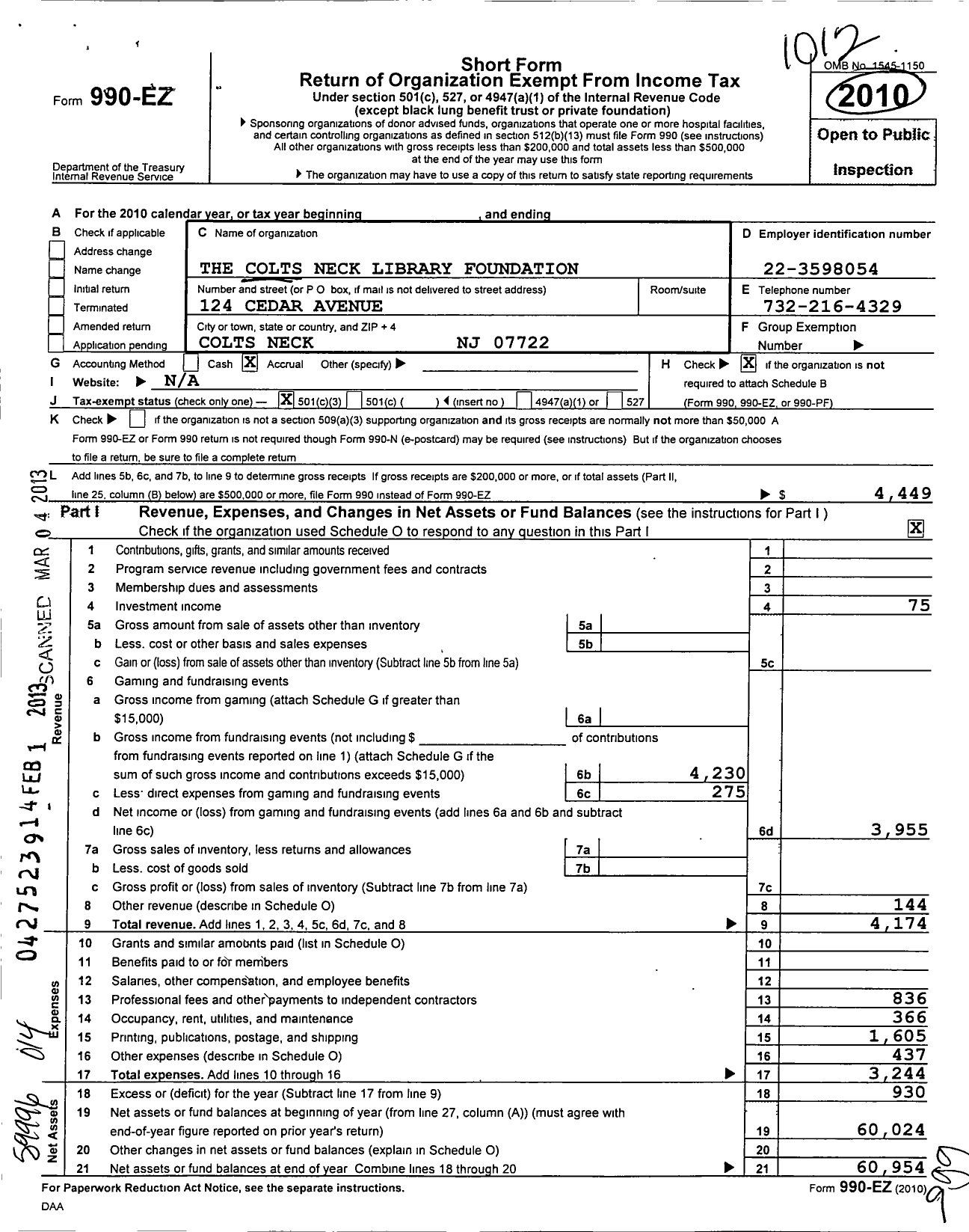 Image of first page of 2010 Form 990EZ for The Colts Neck Library Foundation