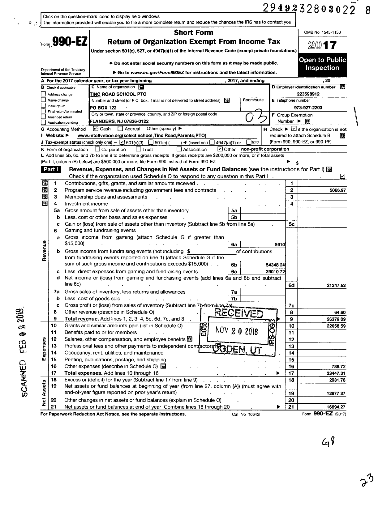 Image of first page of 2017 Form 990EZ for Pto Tinc Road School