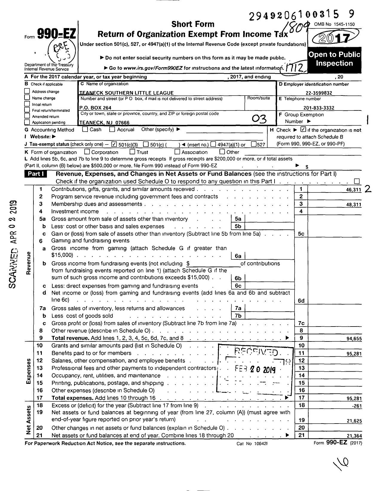 Image of first page of 2017 Form 990EZ for Little League Baseball - 2300610 Teaneck Southern LL