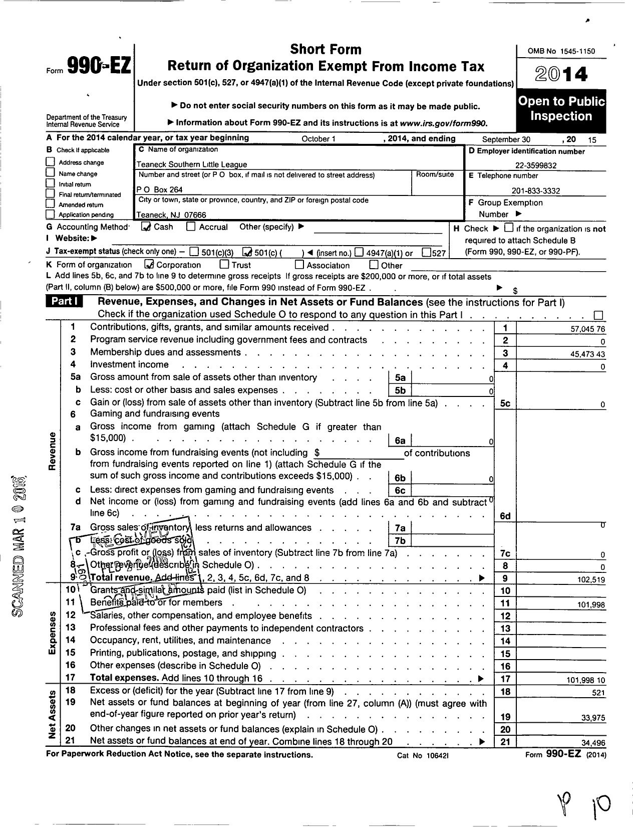 Image of first page of 2014 Form 990EO for Little League Baseball - 2300610 Teaneck Southern LL