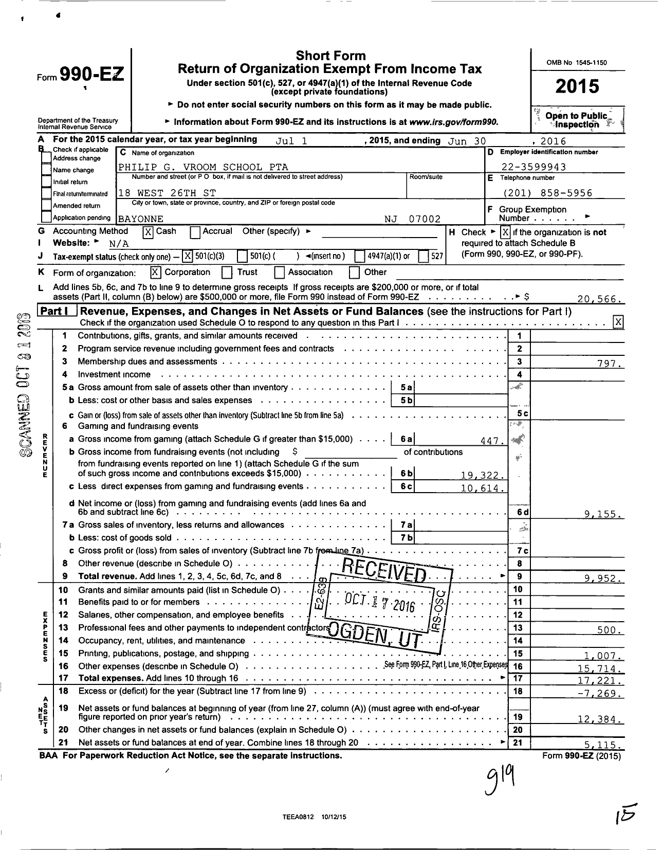 Image of first page of 2015 Form 990EZ for New Jersey PTA - 34589 Philip G Vroom School PTA