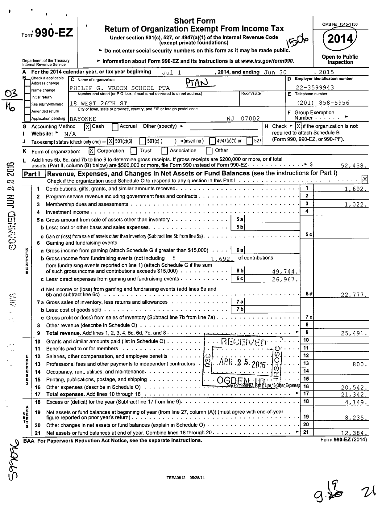 Image of first page of 2014 Form 990EZ for New Jersey PTA - 34589 Philip G Vroom School PTA