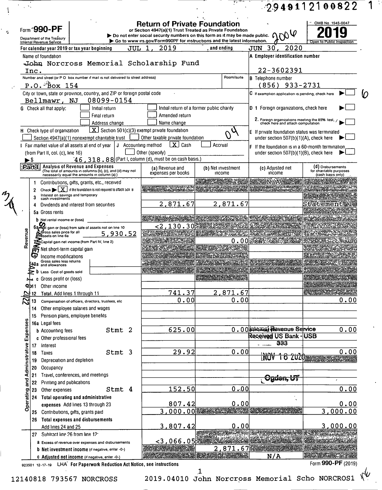 Image of first page of 2019 Form 990PF for John Norcross Memorial Scholarship Fund