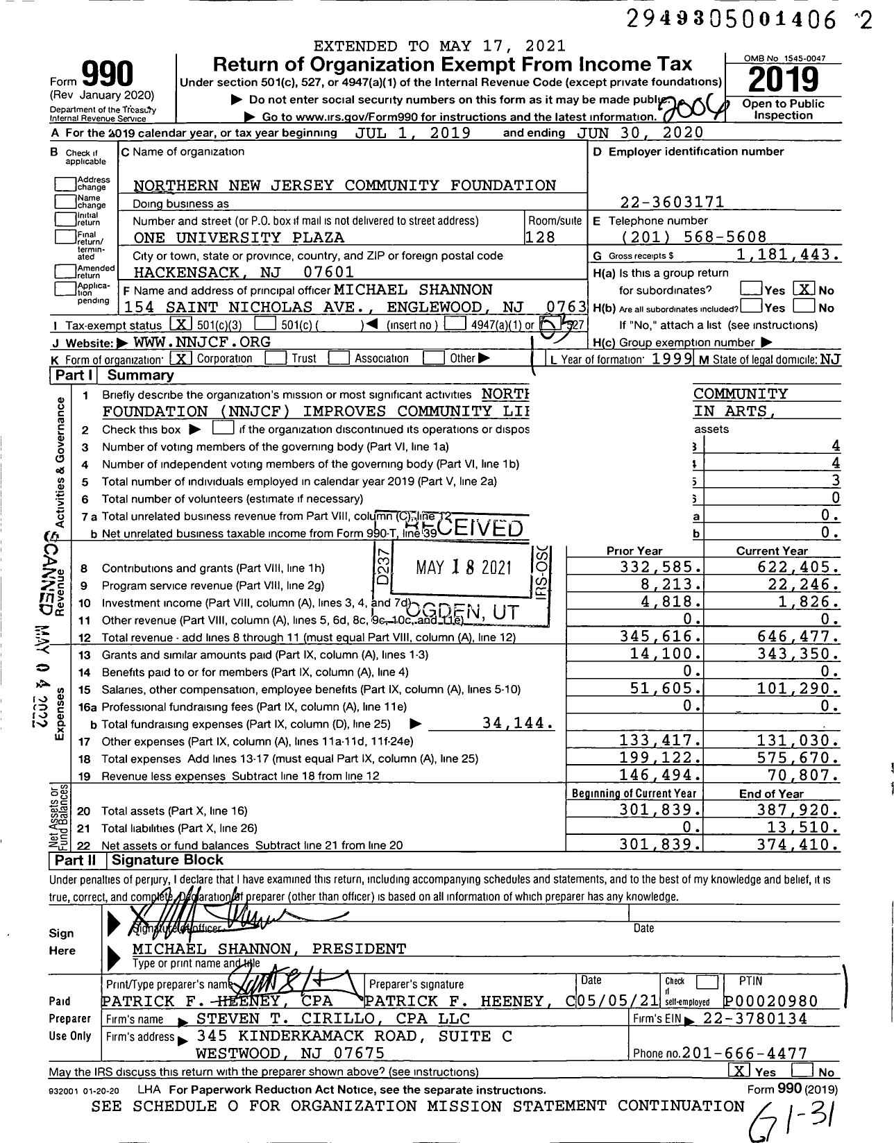 Image of first page of 2019 Form 990 for Northern New Jersey Community Foundation