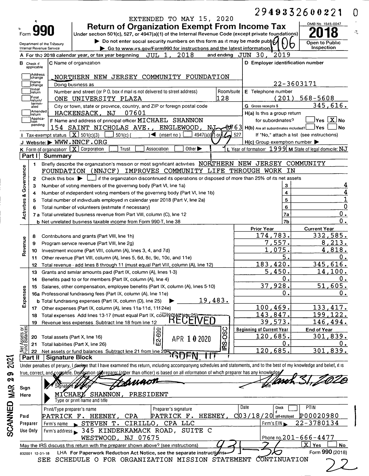 Image of first page of 2018 Form 990 for Northern New Jersey Community Foundation