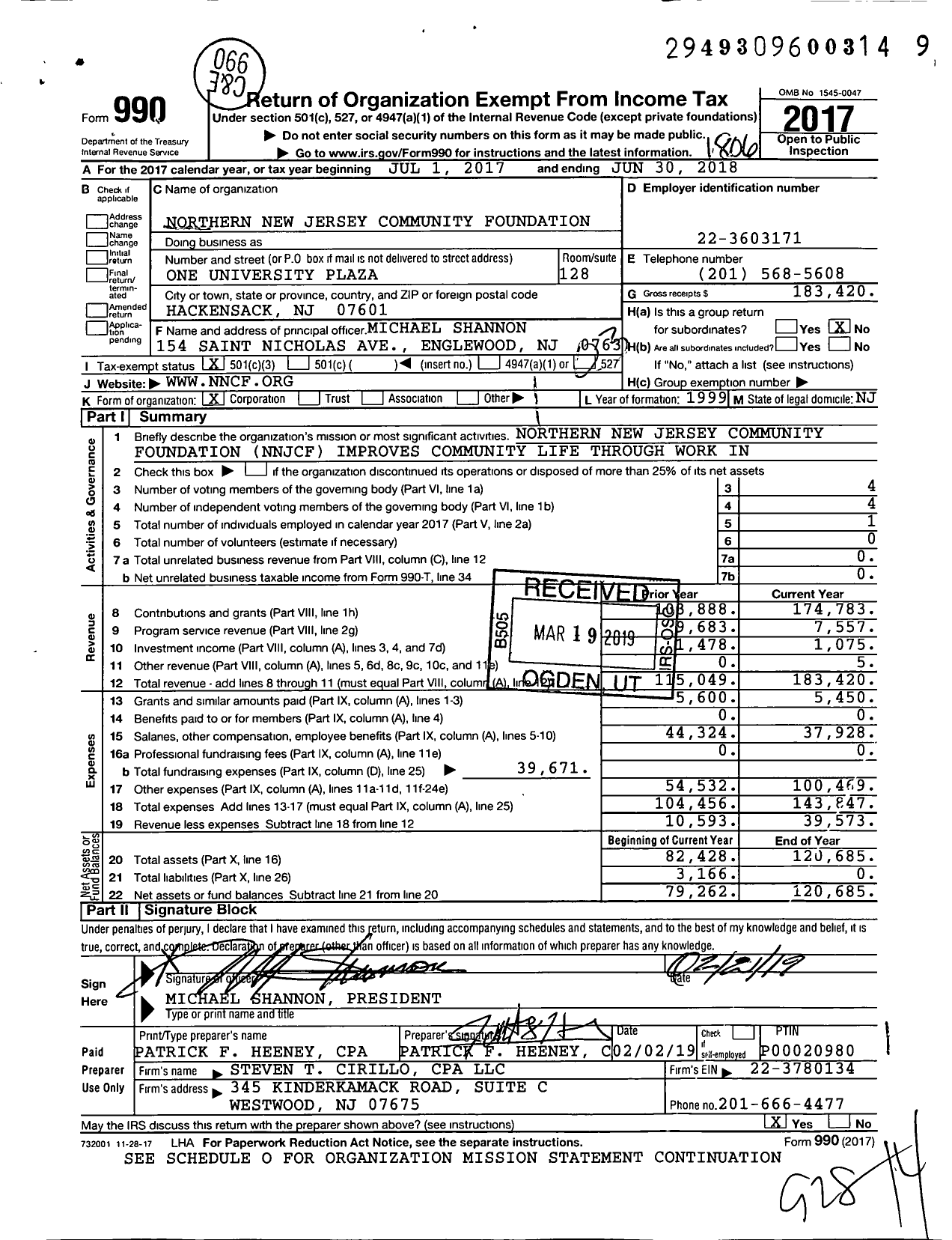 Image of first page of 2017 Form 990 for Northern New Jersey Community Foundation