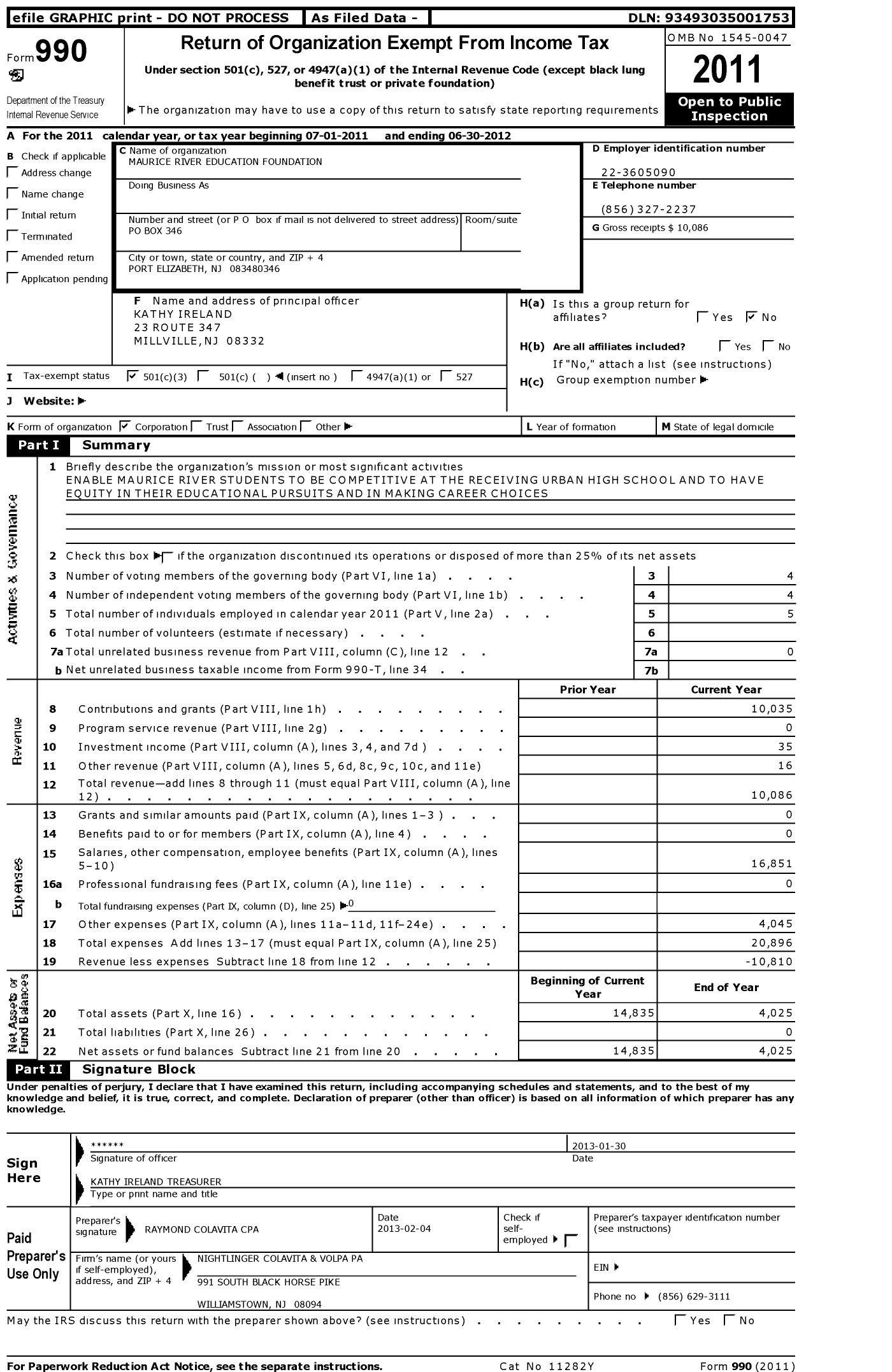 Image of first page of 2011 Form 990 for Maurice River Education Foundation