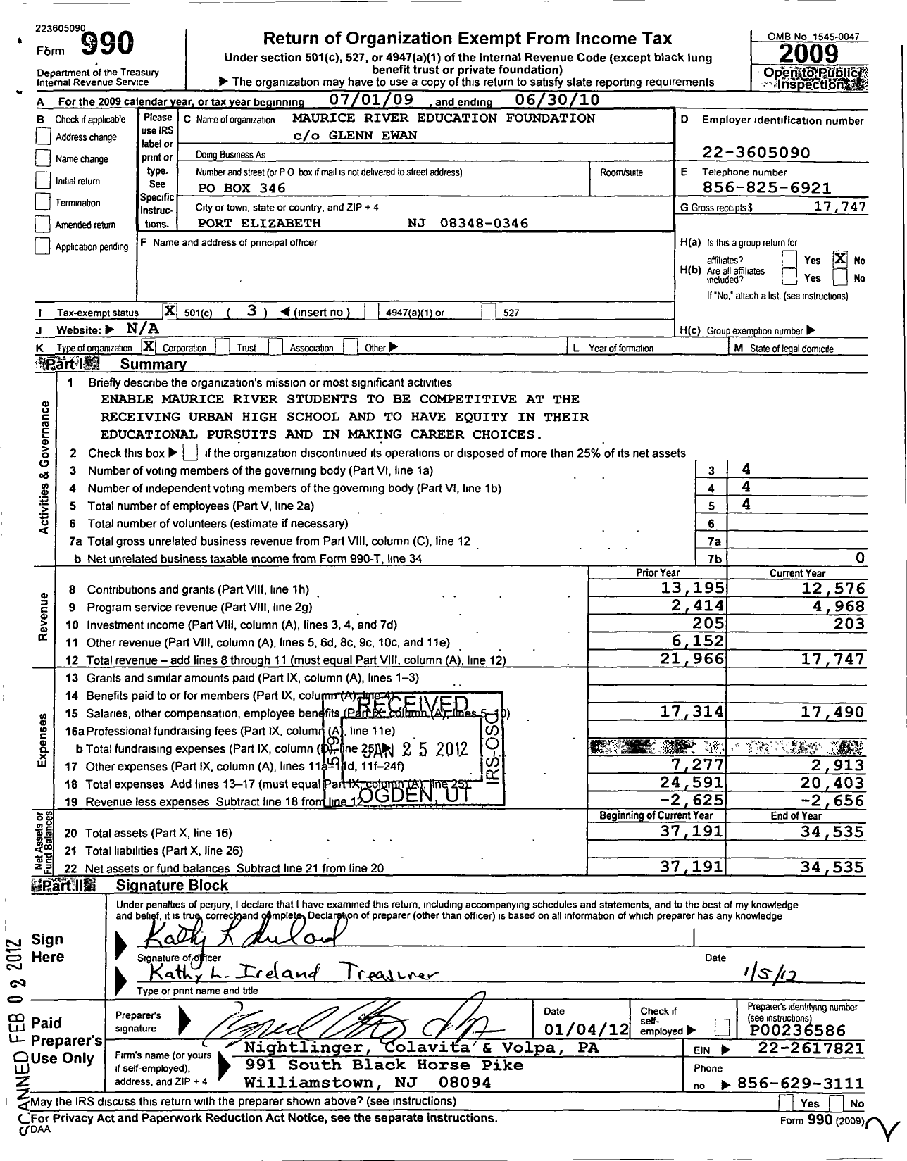 Image of first page of 2009 Form 990 for Maurice River Education Foundation