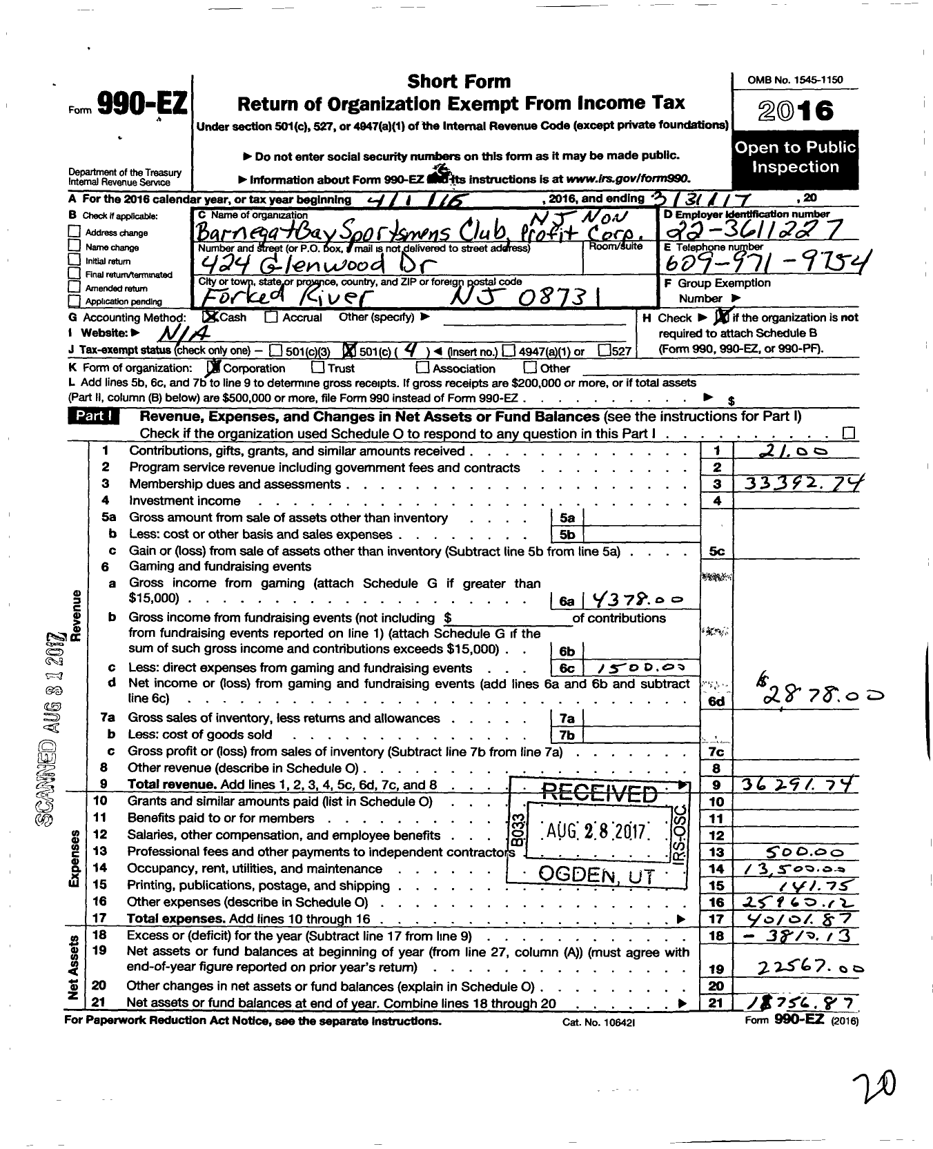Image of first page of 2016 Form 990EO for Barnegat Bay Sportsmans Club