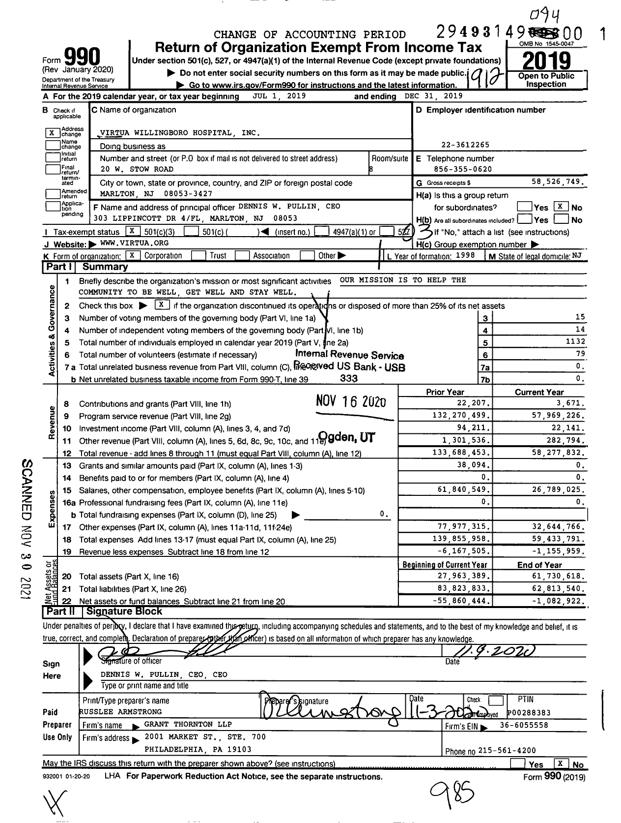 Image of first page of 2019 Form 990 for Virtua Willingboro Hospital